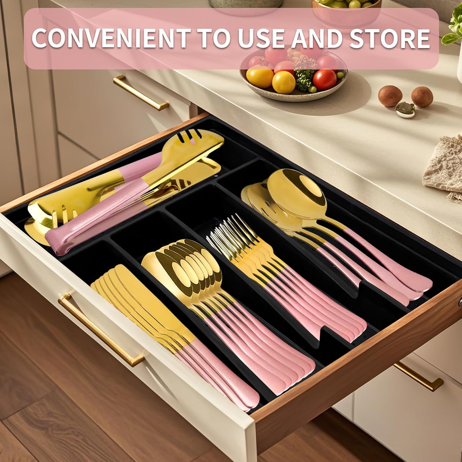 24-Piece Silverware Set with Organizer, Stainless Steel Flatware Set with Steak Knives, Include Spoons and Forks Set & Serving Utensils, Pink Cutlery Utensil Sets with Mirror Polished (Pink Gold)