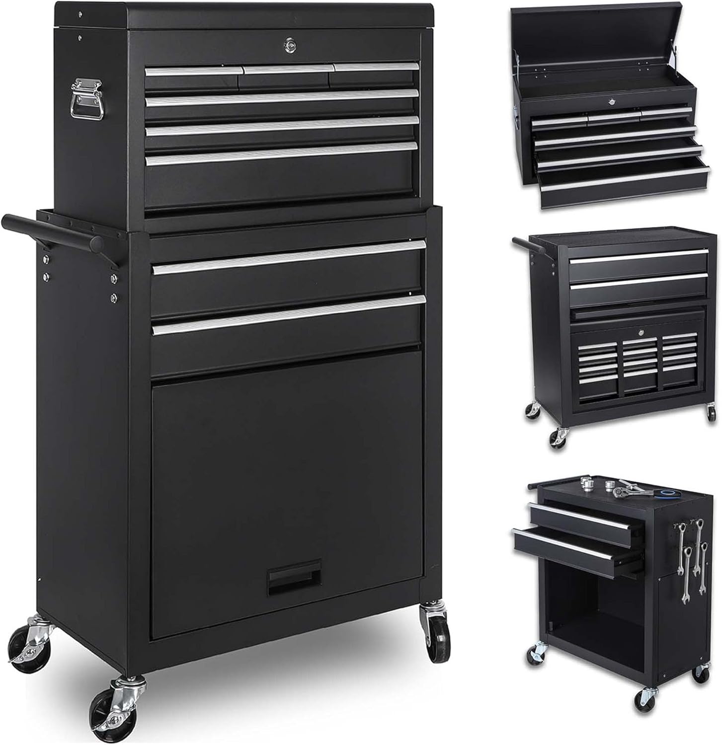 2 in 1 Steel Tool Chest with Wheels, Detachable Rolling Tool Cabinet with 8 Drawers, Large Portable Tools Chests & Storage Cabinets with Key Locking/Pull Handle for Garage Warehouse (Black)