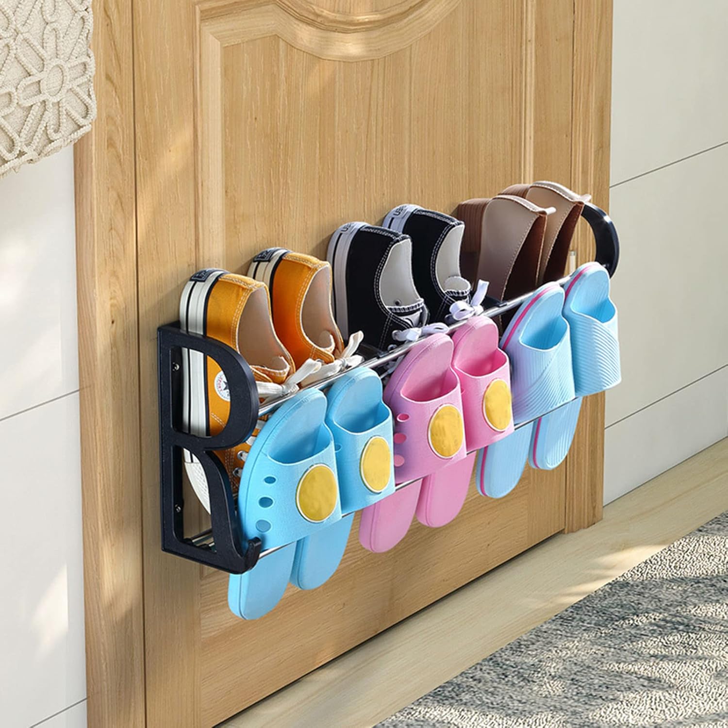 Over the Door Shoe Organizers, Wall Hanging Rack with S-shape Divider Adhesive Holder Mounted Hooks for Closet Bathroom Bedroom Pantry (50cm/With Divider)