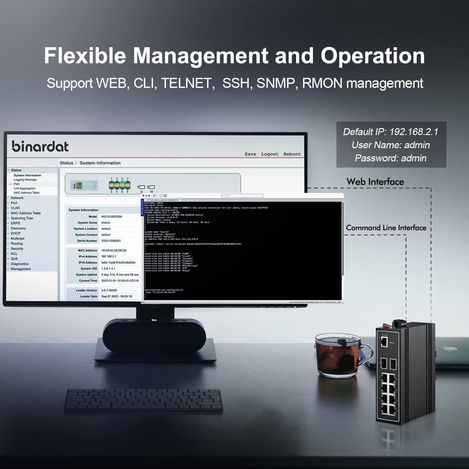Binardat 10 Port Gigabit L2+ Managed Industrial DIN-Rail Switch, 8 Gigabit Ethernet Ports, 2 Gigabit SFP, Vlan|Route|Ring|ACL|Qos Web/Console Managed