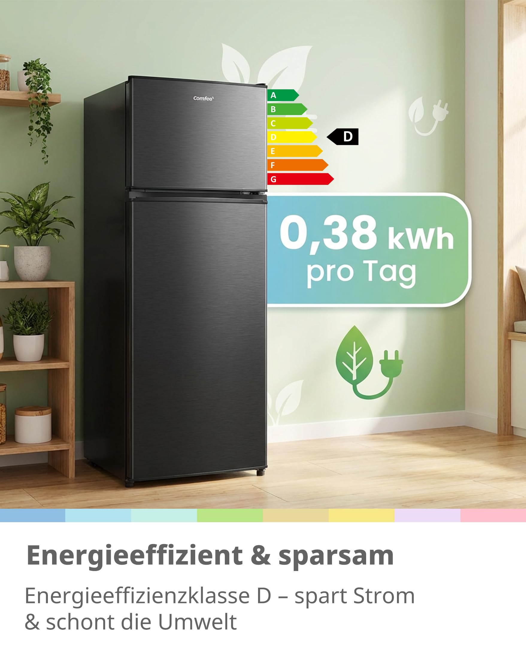 Comfee Kühlschrank mit Gefrierfach 204L Kühl-Gefrierkombination 143 cm Low Frost Leise 39 dB LED-Licht Inverter Kompressor Freistehend Schwarz