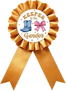 Keeper of the Gender Tinplate Badge Pin - Blue and Pink Gender Reveal Brooch Pin, White Rosette Team Boy or Girl Award Ribbon Button, Foorprint Baby Shower/Pregnancy Announcement Party Decoration