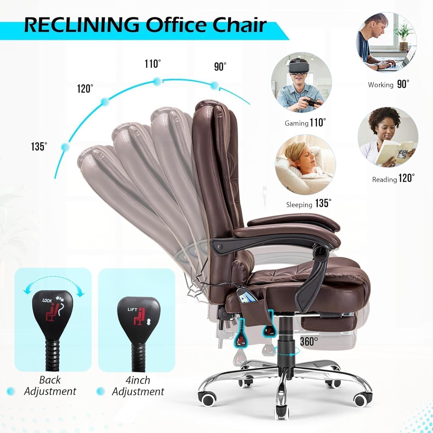 YODOLLA Bürostuhl Ergonomisch, Chefsessel mit Fußstütze & Liegefunktion, höhenverstellbarer Computerstuhl, 200 kg Belastbarkeit – Braun