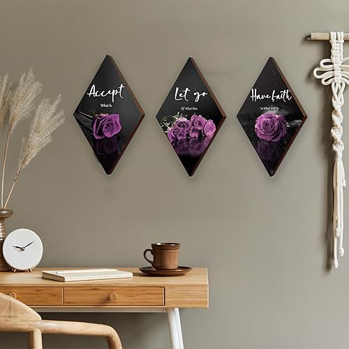 Miniatura 9 de 3 piezas de decoración de pared de baño con rosas amarillas, decoración inspiradora de madera, decoración de pared de oficina con letrero de aceptar