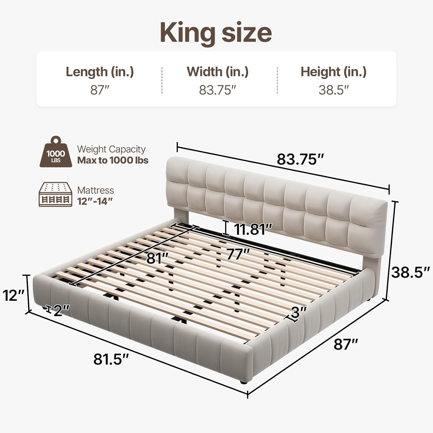 King Size Modern Cloud Bed Frame, 38.5" Tall Cream Upholstered Platform Bed with Thick Soft Headboard & Footboard, No Box Spring Needed for Bedroom Apartment (Beige, King (U.S. Standard))
