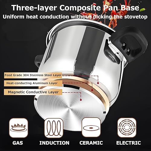 Miniatura 7 de Olla a presión de 10 cuartos de galón, olla a presión, olla a presión de acero inoxidable 304, bloqueo con una mano, compatibilidad de gas y cocinas