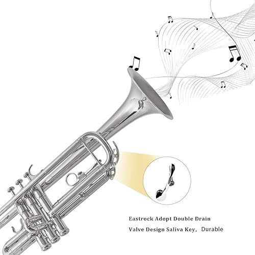Miniatura 4 de EASTROCK Bb Trompeta estándar con estuche de transporte, guantes, boquilla 7C y kit de limpieza (niquelada)
