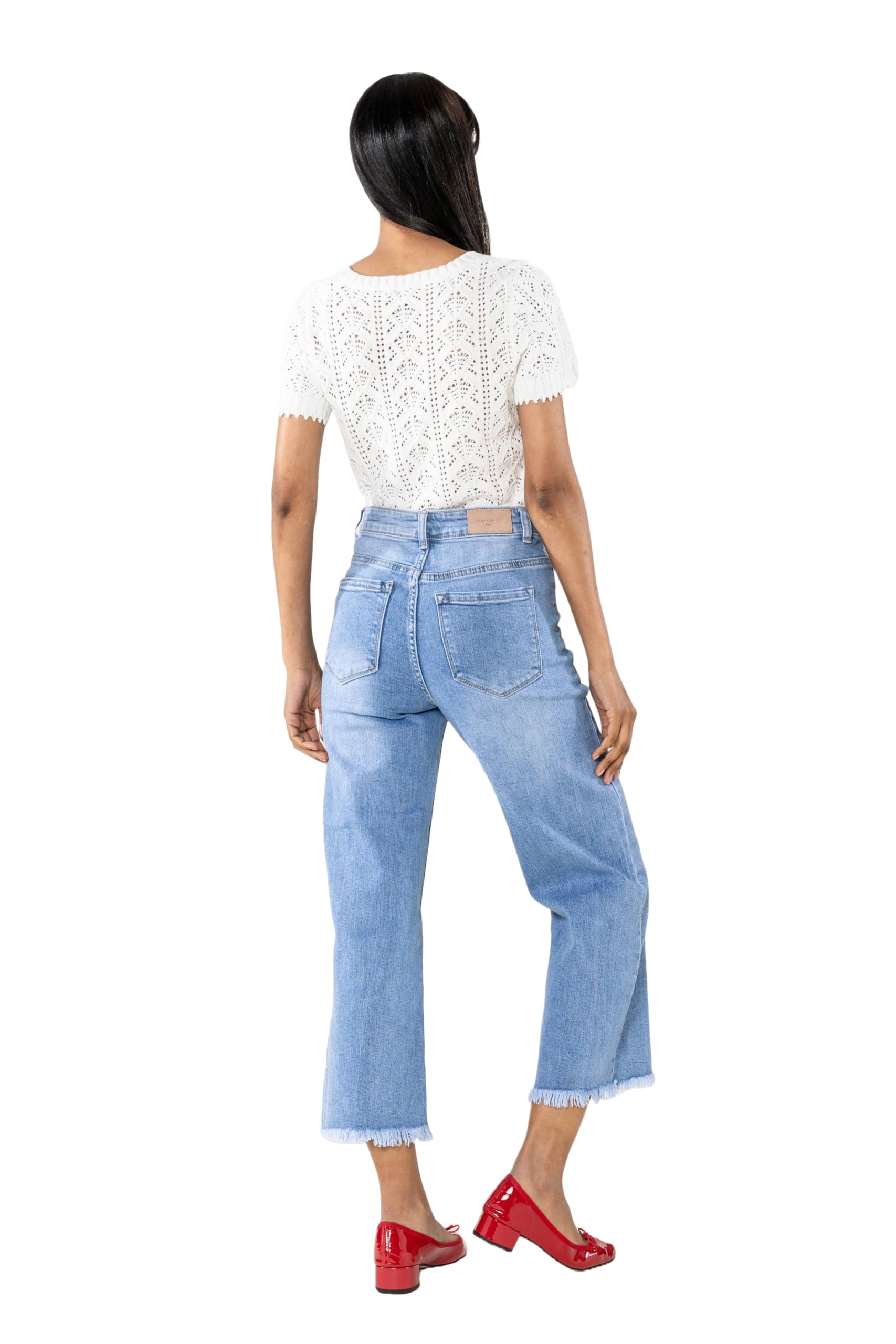 Nina Carter Q1850 Jeans da donna - 7/8 Cropped, vita alta, elasticizzati, svasati, look usato, sfilacciati