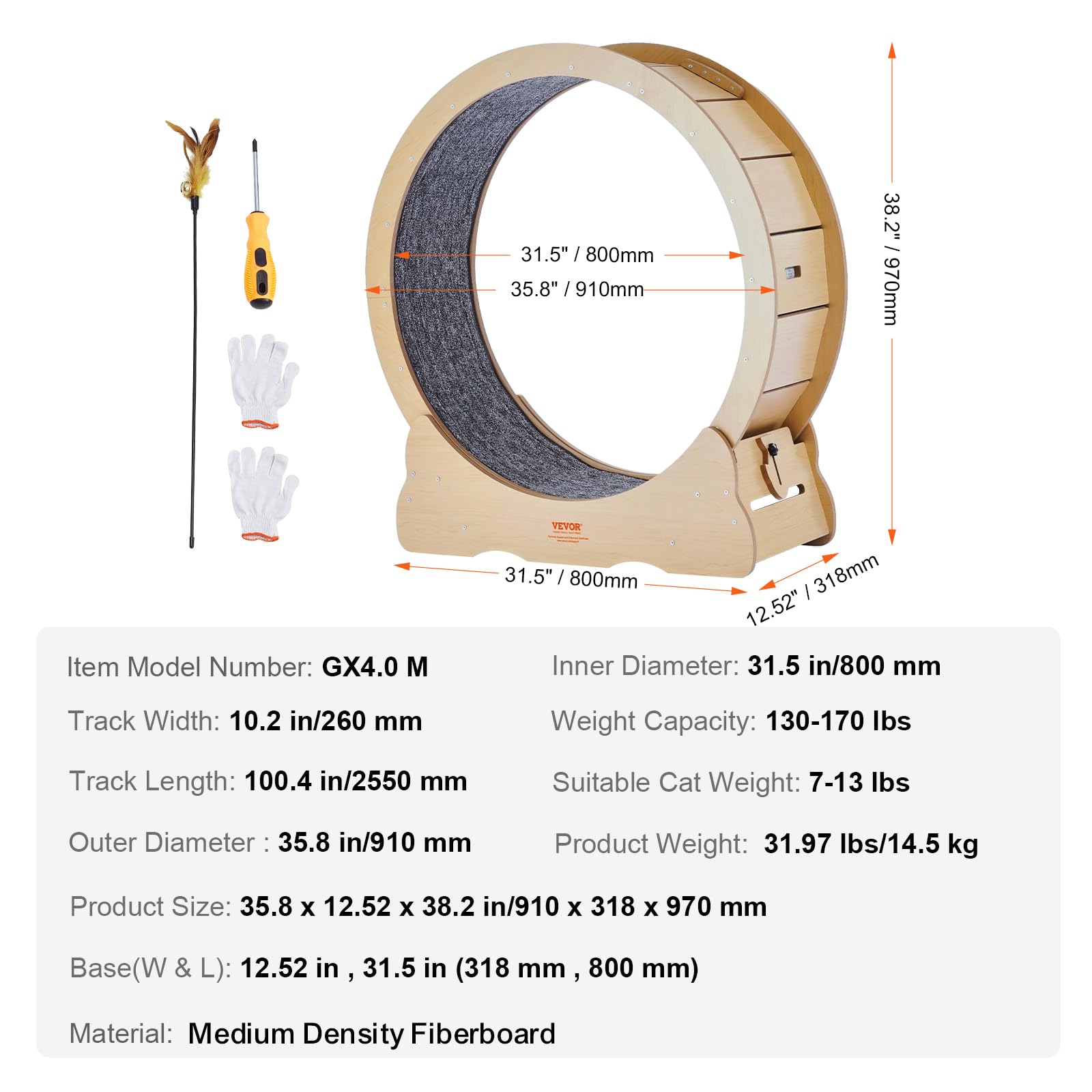 VEVOR Koło do ćwiczeń dla kota 910 mm, duże koło do biegania dla kota w pomieszczeniach, ze zdejmowaną bieżnią, zwiastunem dla kota do biegania, chodzenia, treningu, odpowiednie dla większości kotów