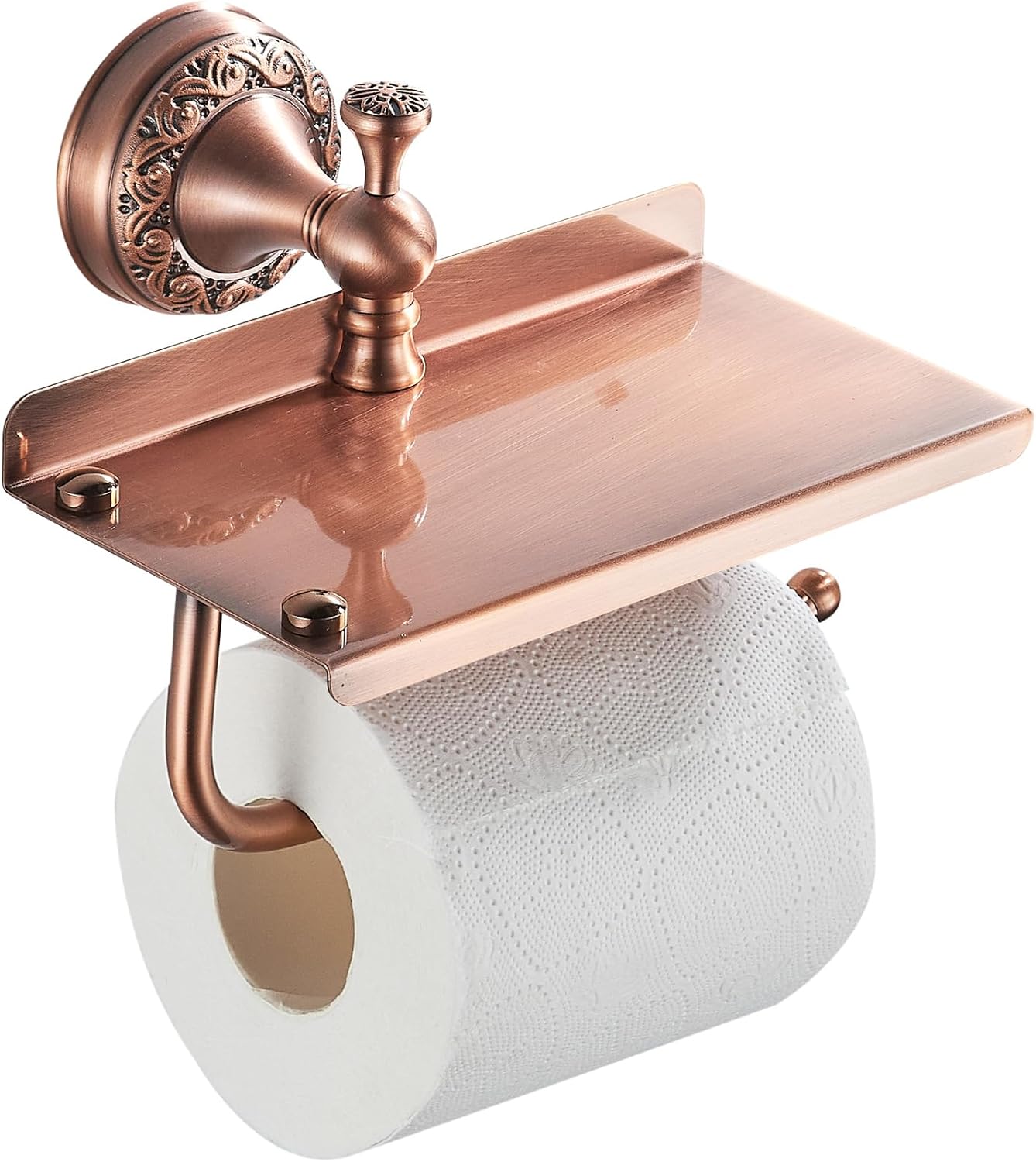 Red Copper Bath Toilet Paper Holder with Phone Shelf, Wall Mounted Bathroom Hardware Accessories, Pattern Carving Design