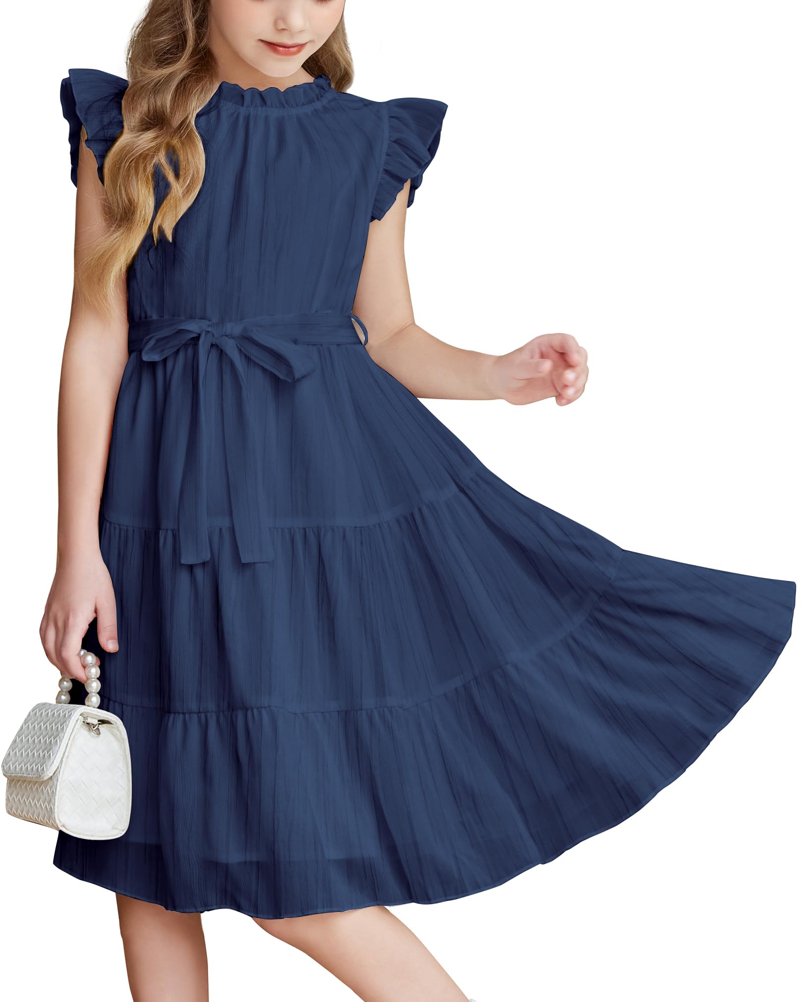 Arshiner Tween Girls Summer Dress Formal Ruffle Sleeve A Line Casual Elegant Dresses with Belt