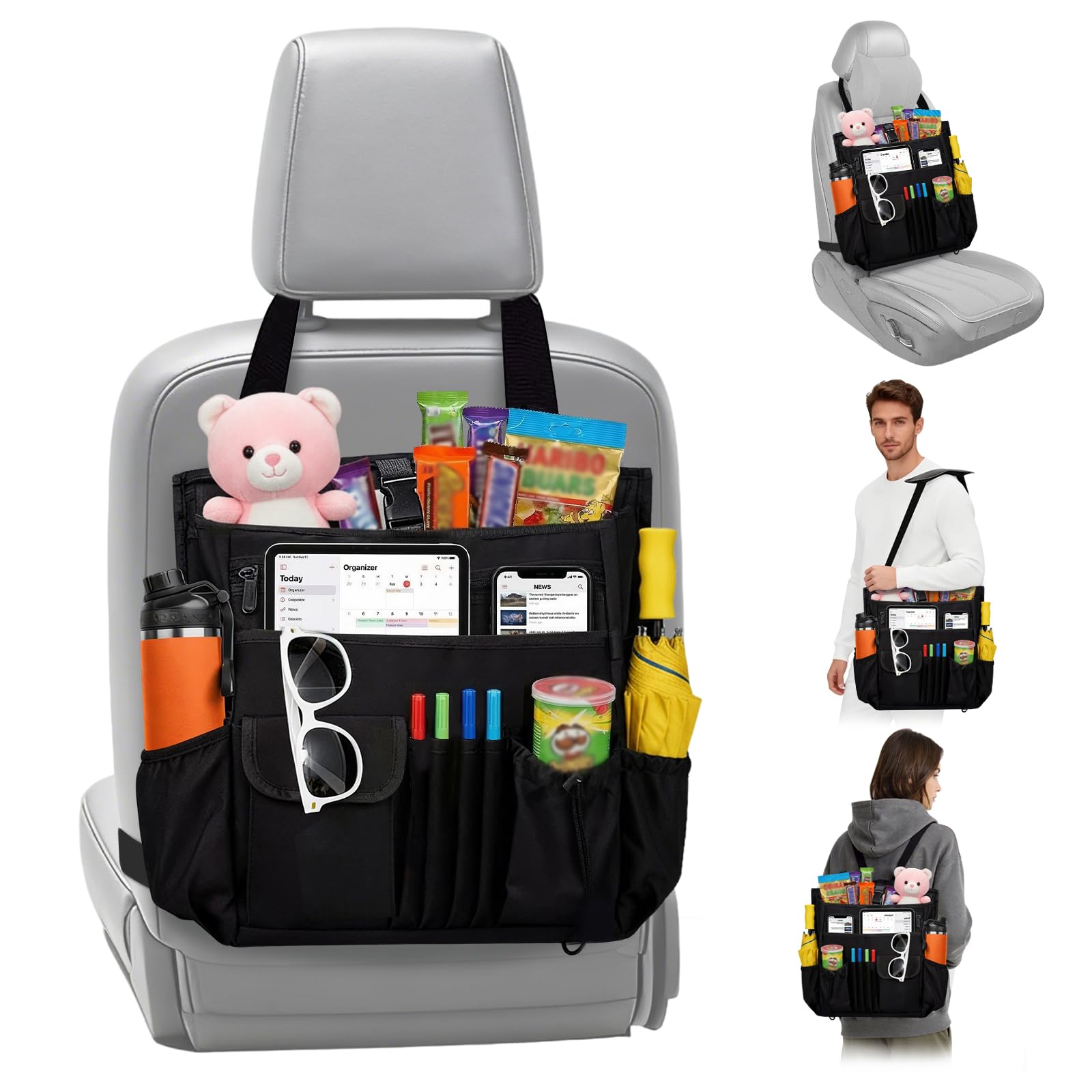 Organisateur de siège arrière de voiture avec sangles réglables et sac à dos amovible