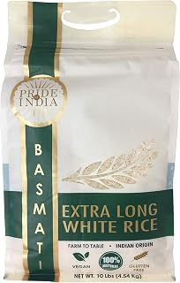 Pride of India Extra Long Premium White Basmati Rice 10lb - Aged Aromatic Non-Sticky Grains for Biryani & Curries