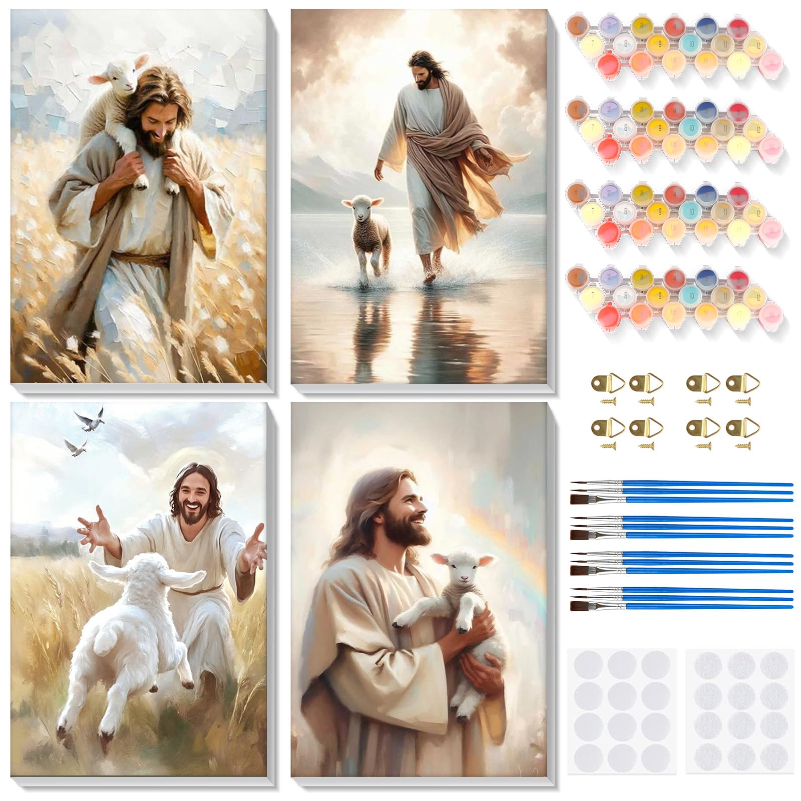 Lxmsja 4 Pack Paint by Numbers Jesus for Adults Beginner with Frame, Painting by Numbers Lamb on Canvas, DIY Acrylic Painting Kit Easter Gifts for Home Wall Decor, 8x12inch