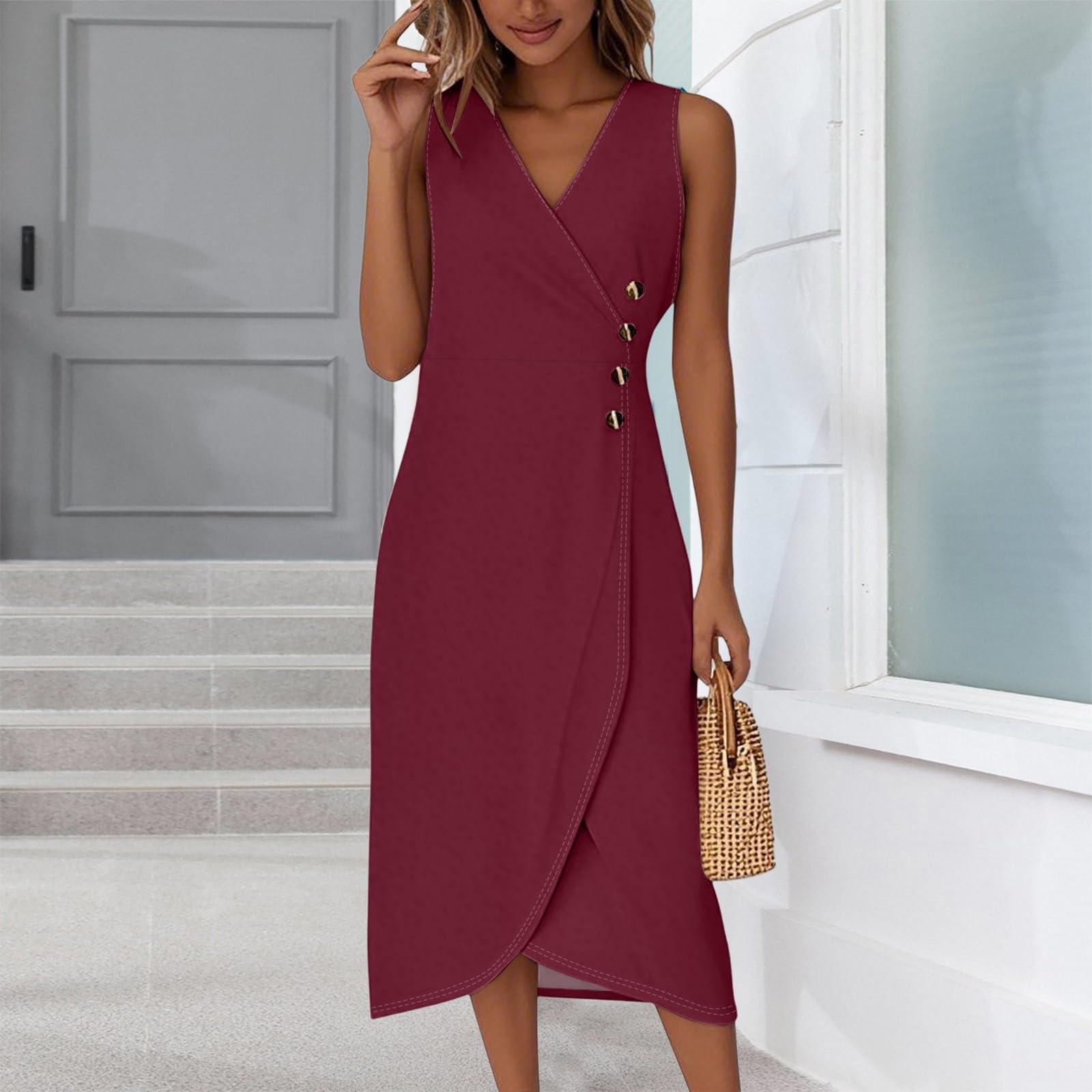 Tank Dress for Women Slit Overlapping Hem Sleeveless Wrap Dresses V Neck Button Down Empire Waist Dress Trendy Modest Elegant Formal Business Midi Sundresses Vintage Business Summer Sundress