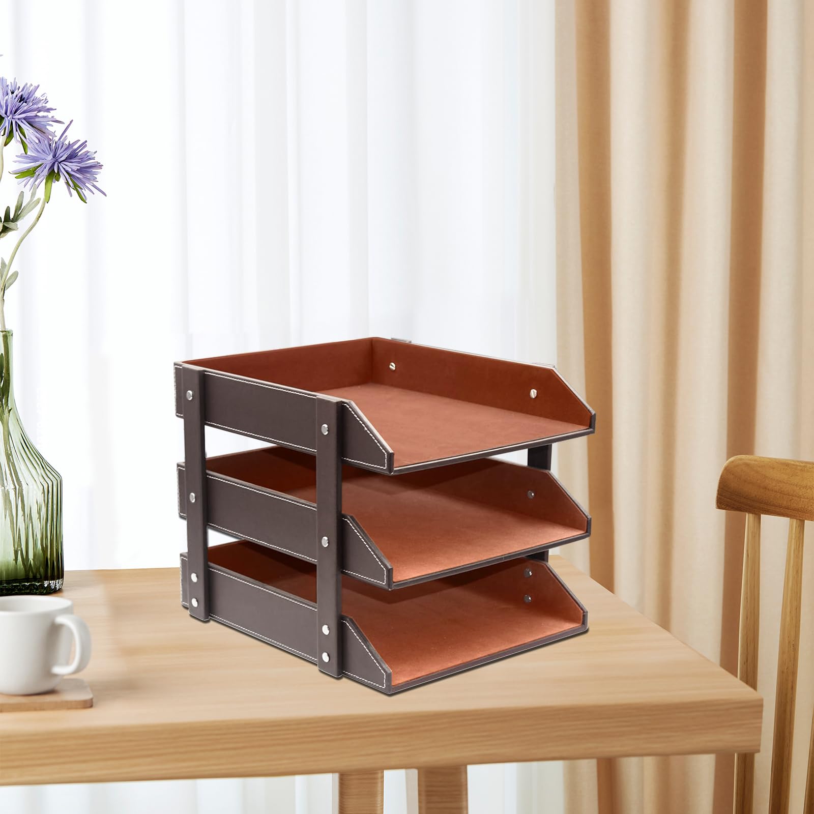 Organiseur de bureau en cuir empilable - Compartiment à documents pour dossiers, papeterie, magazines, courrier, maison, petits objets, organisateur de bureau (marron)