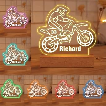 Personalized Dirt Bike Gift 3D Motocross Night Light, Custom Name Number LED Motorcycle Lamp, LED Dirtbike Room Decor for Boys, Birthday Xmas Christmas Motorbike Gifts for Kids Boy Men