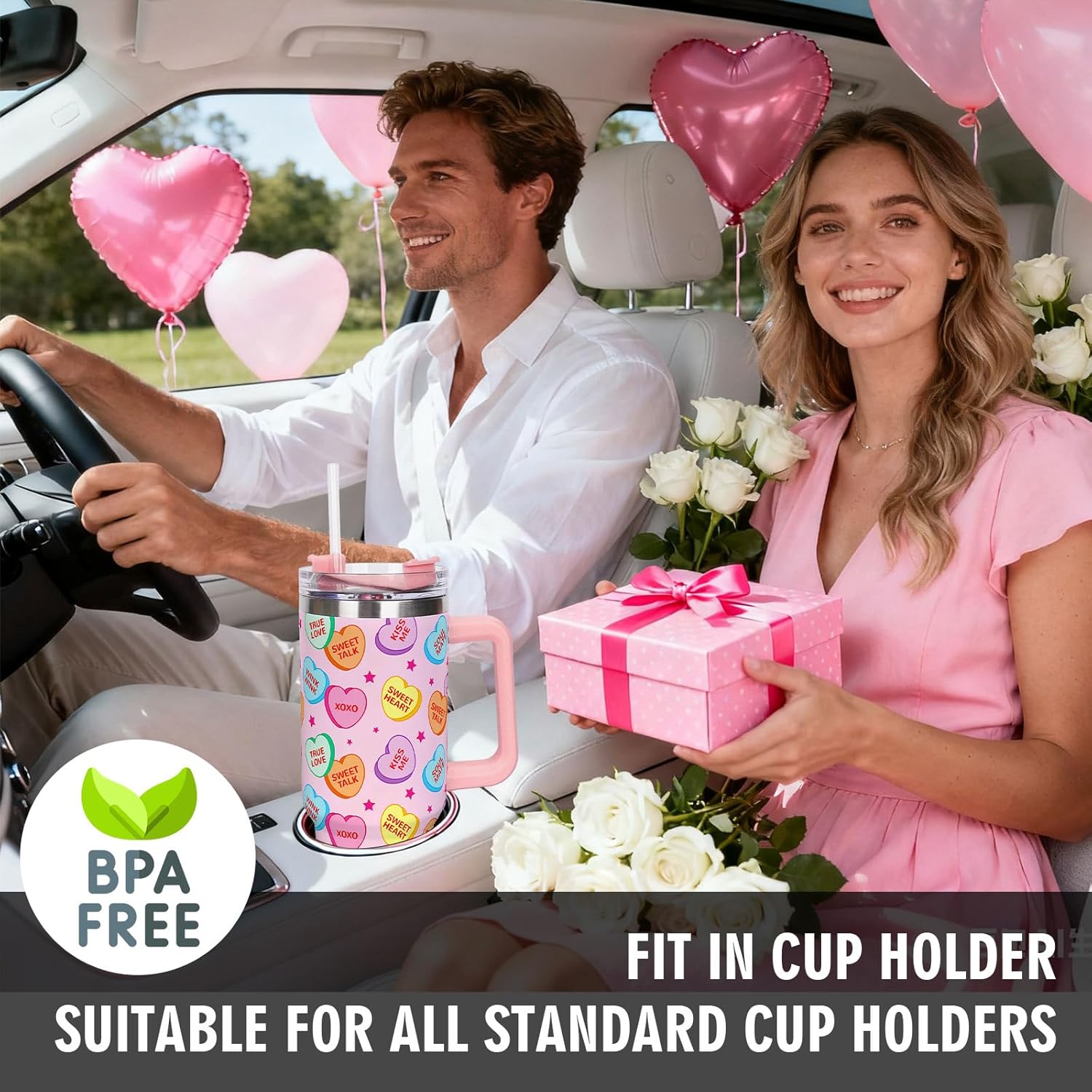 Whaline 40oz Valentine's Day Tumbler with Handle Straw and Lid Travel Tumbler Conversation Heart Coffee Cup for Women Friend Holiday Birthday Gift - Image 6