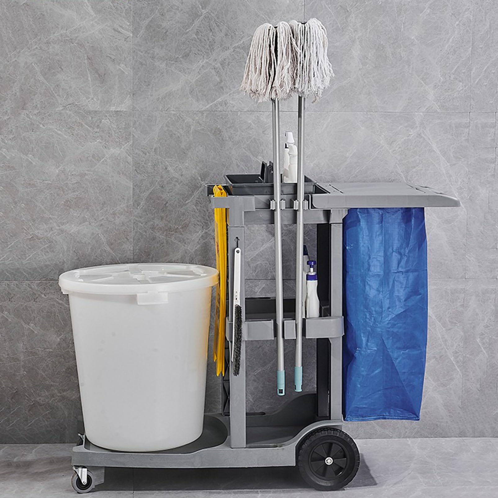 Carro de Limpieza Industrial Resistente con Organizador Multiusos y Soporte para fregona, Ideal para escuelas, comercios, hostelería y restaurantes.