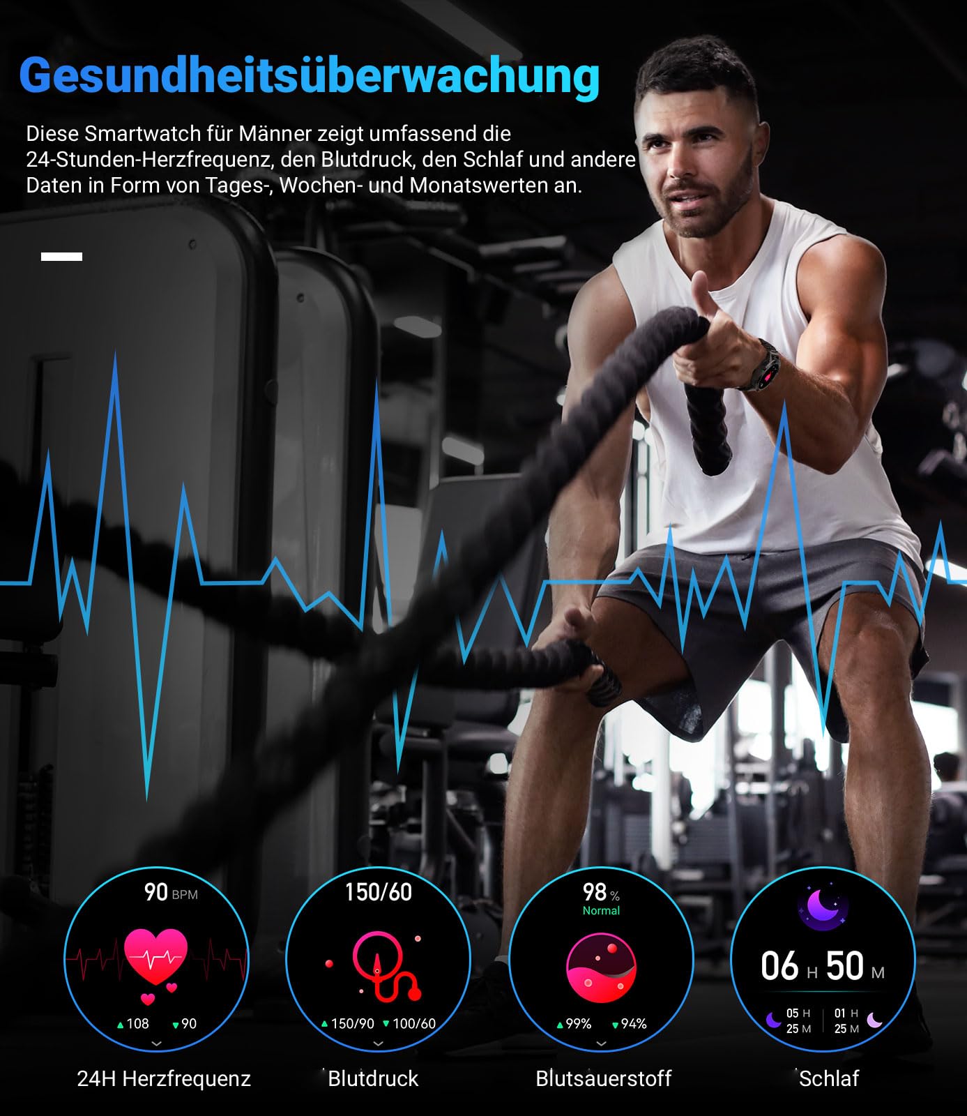 LIGE Smartwatch Herren mit Telefonfunktion, 1,39 Zoll Militär Smart Watch mit 24H Herzfrequenz, Blutdruck, Schlafdauer, 100+ Sportmodi Fitnessuhr, 300+ Zifferblätter, IP67 Wasserfest, Schwarz