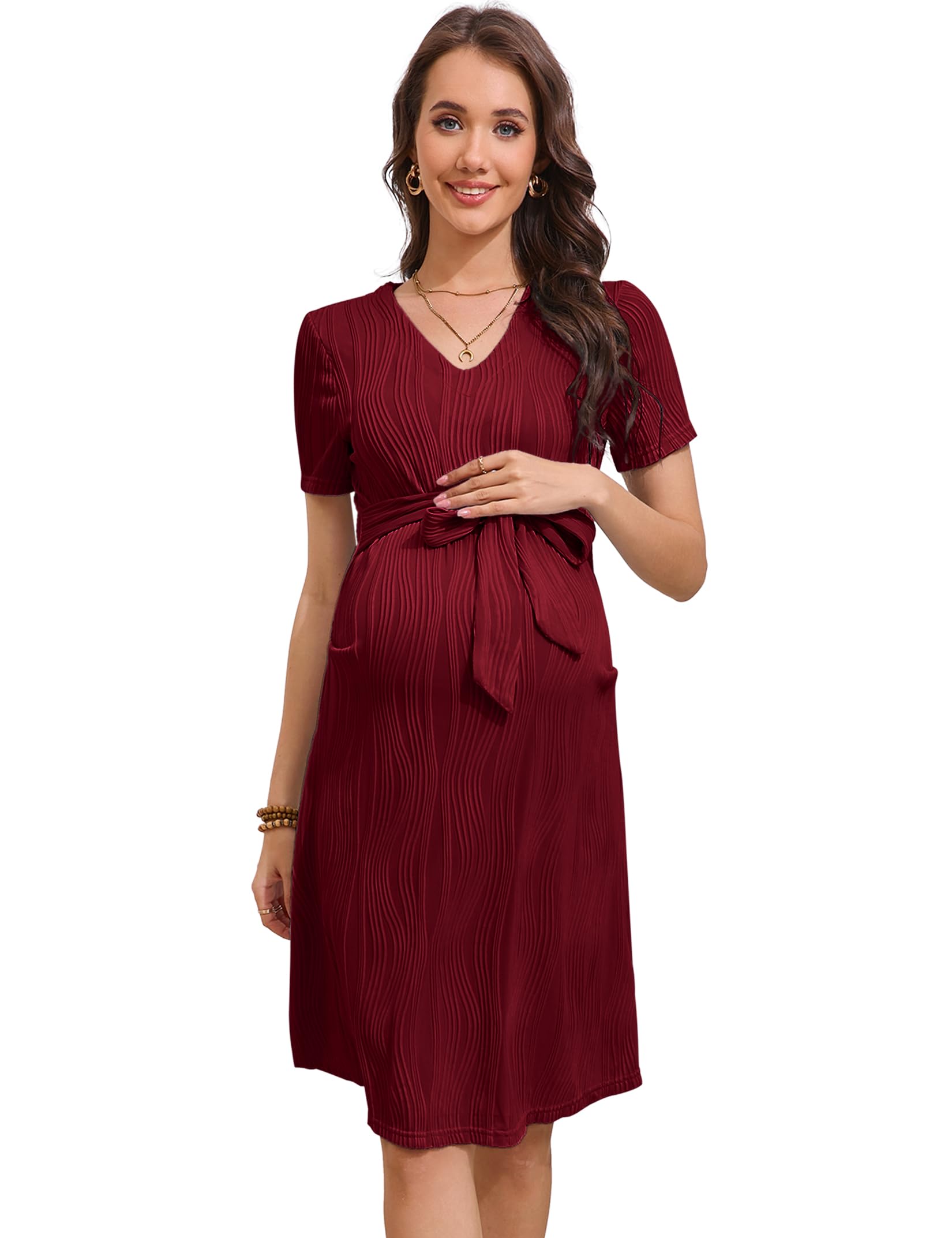 KOJOOIN Umstandskleid Damen V-Ausschnitt Kurzarm Schwangerschaftskleid Casual Umstandskleider Umstandsmode Sommerkleid mit Gürtel(Verpackung MEHRWEG)