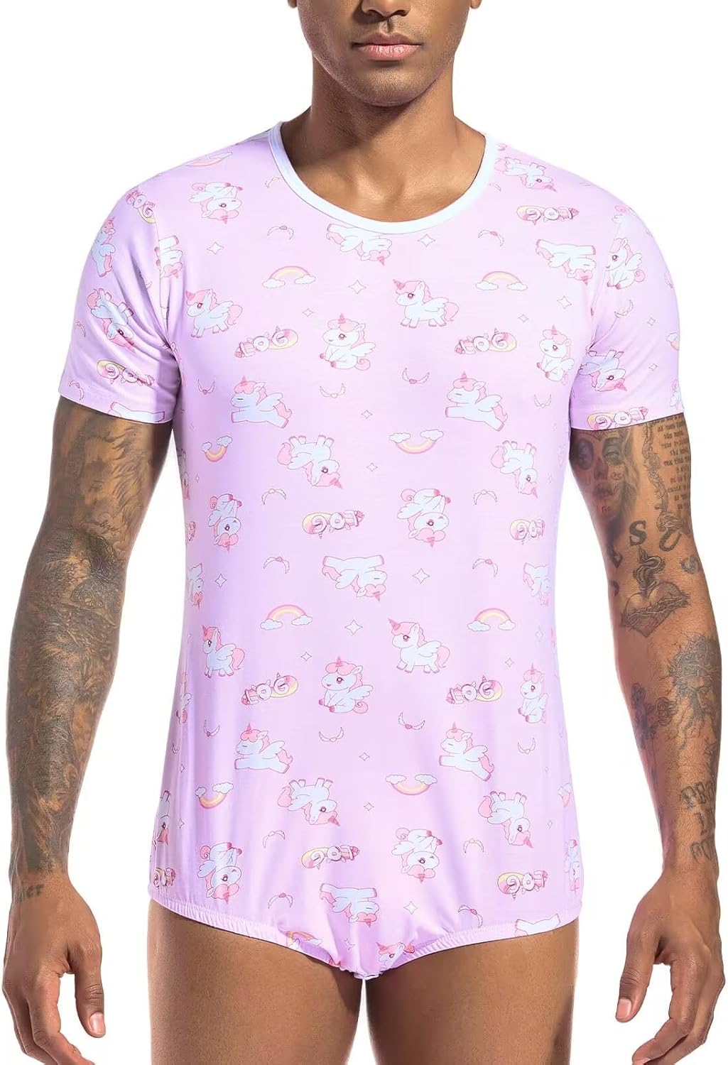 Landofgenie Men Short Sleeve Bodysuit Pajama Print Bodysuit One Piece Pajamas Rompers Basic Onesie - Image 3