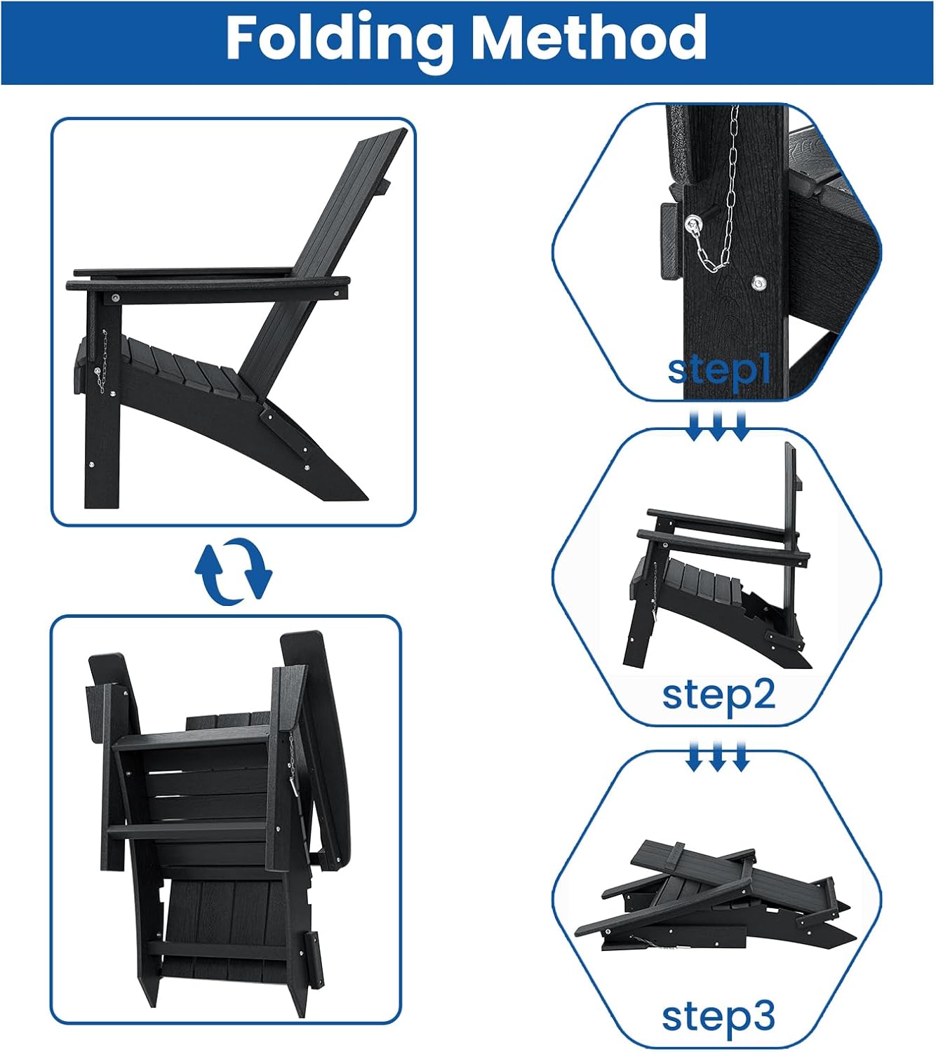 Folding Adirondack Chair with Ottoman Weather Resistant Foldable Fire Pit Chairs with Footrest HDPE Outdoor Adirondack Chair for Patio Front Porch Pool Garden Deck Fire Pit Outside, Black