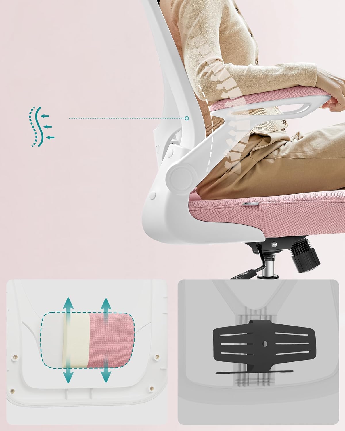 Detail of the adjustable lumbar support on the office chair.