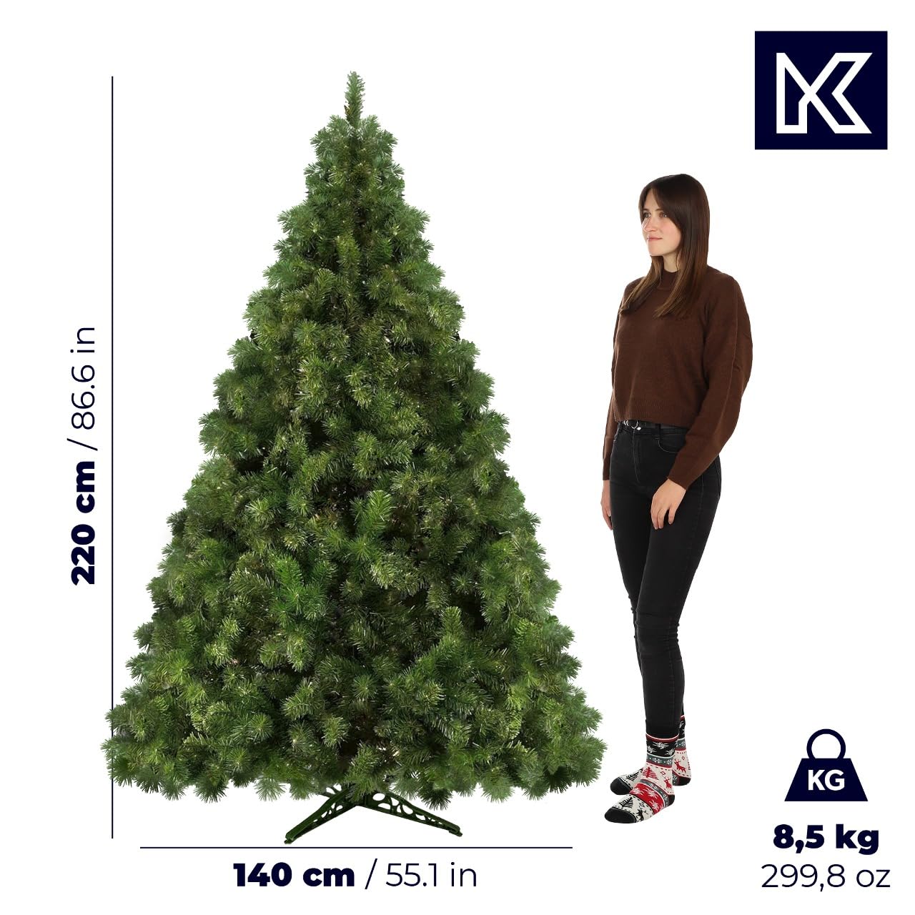 KADAX Choinka sztuczna 220 cm, gęste gałęzie i naturalny wygląd, stabilna podstawa, do domu i biura, tworzy świąteczną atmosferę