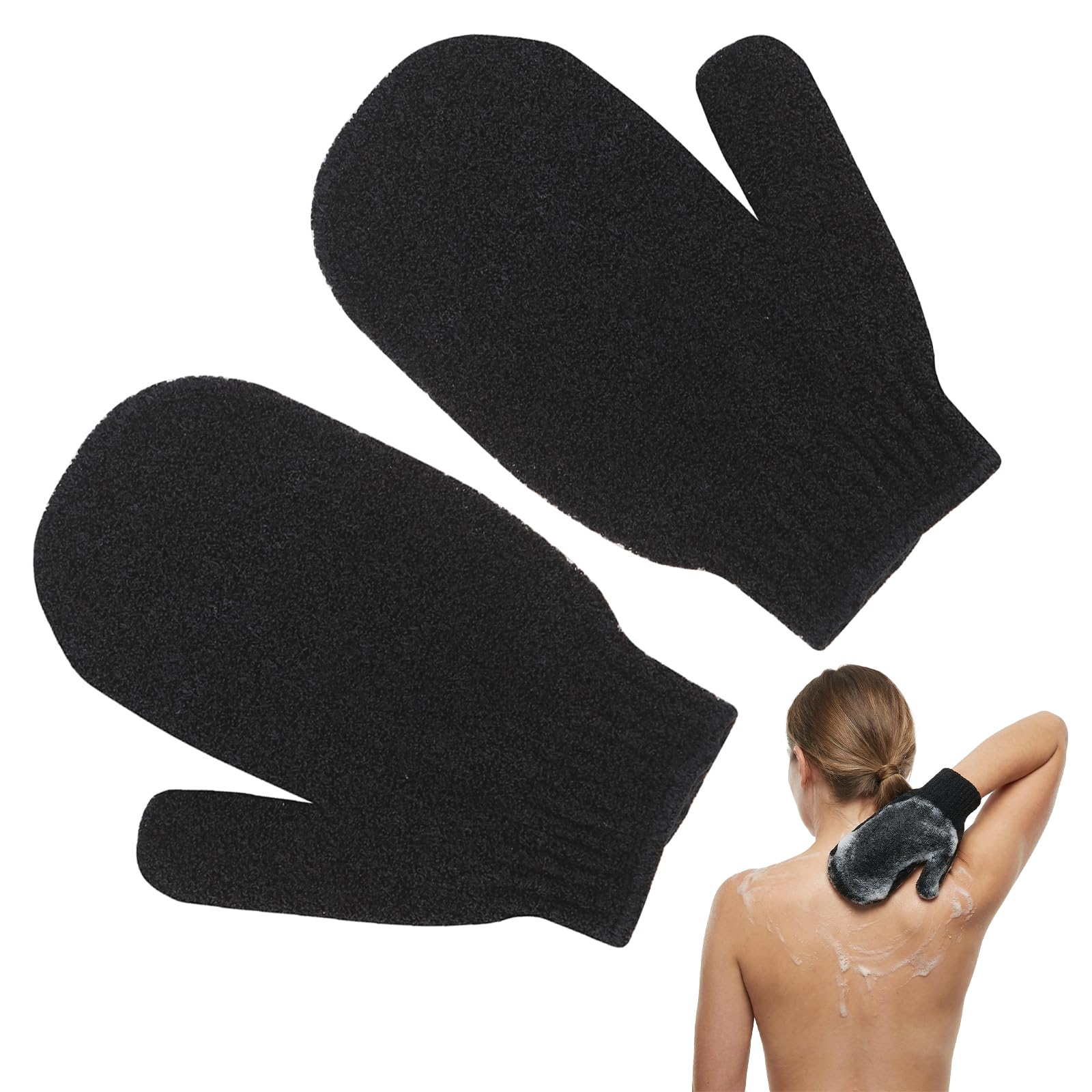Exfoliating Gloves, 2pcs Bath and Body Exfoliator Mitts, Bamboo Shower Gloves, Scrubs Away Ingrown Hair and Dead Skin, for Shower, Spa, Massage and Dead Skin Cell Remover Loofah (Black)