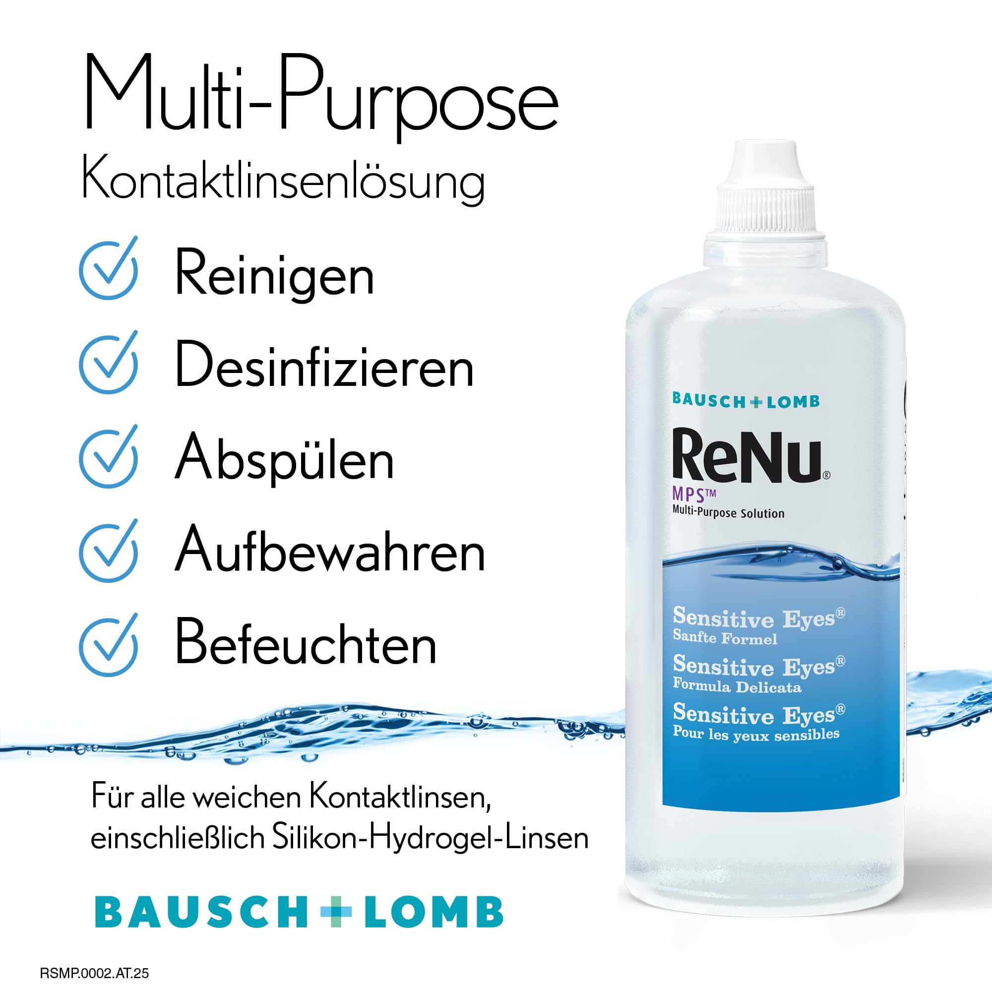 Bausch + Lomb ReNu MPS Sensitive Eyes Kombilösung - Kontaktlinsenreiniger und Aufbewahrungslösung, weiche Kontaktlinsen, Halbjahrespack, 6 x 240 ml