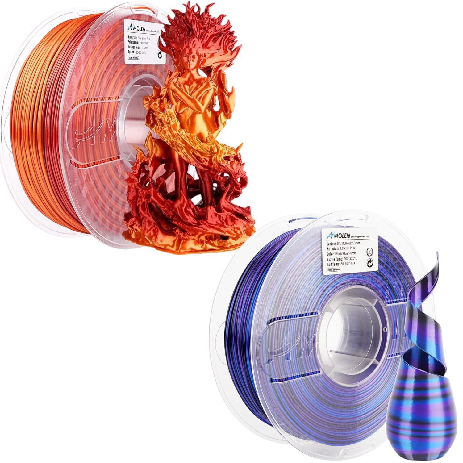 AMOLEN Silk PLA Filament Bundle, Shiny Gradient Black Red Gold & S-Series Black Blue Purple PLA