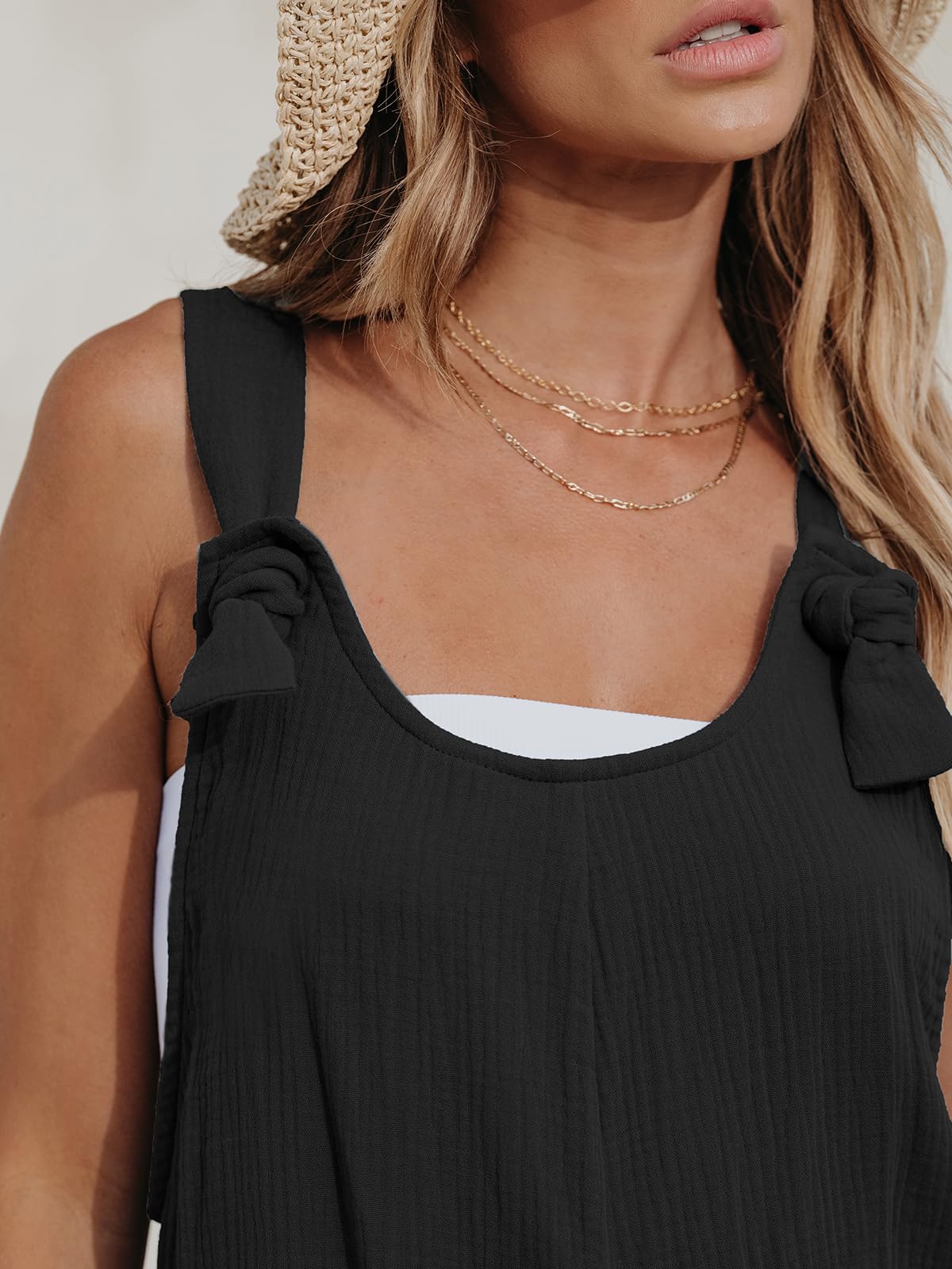 CUPSHE Mono corto para mujer, cuello redondo, sin mangas, informal, pierna recta, con bolsillos