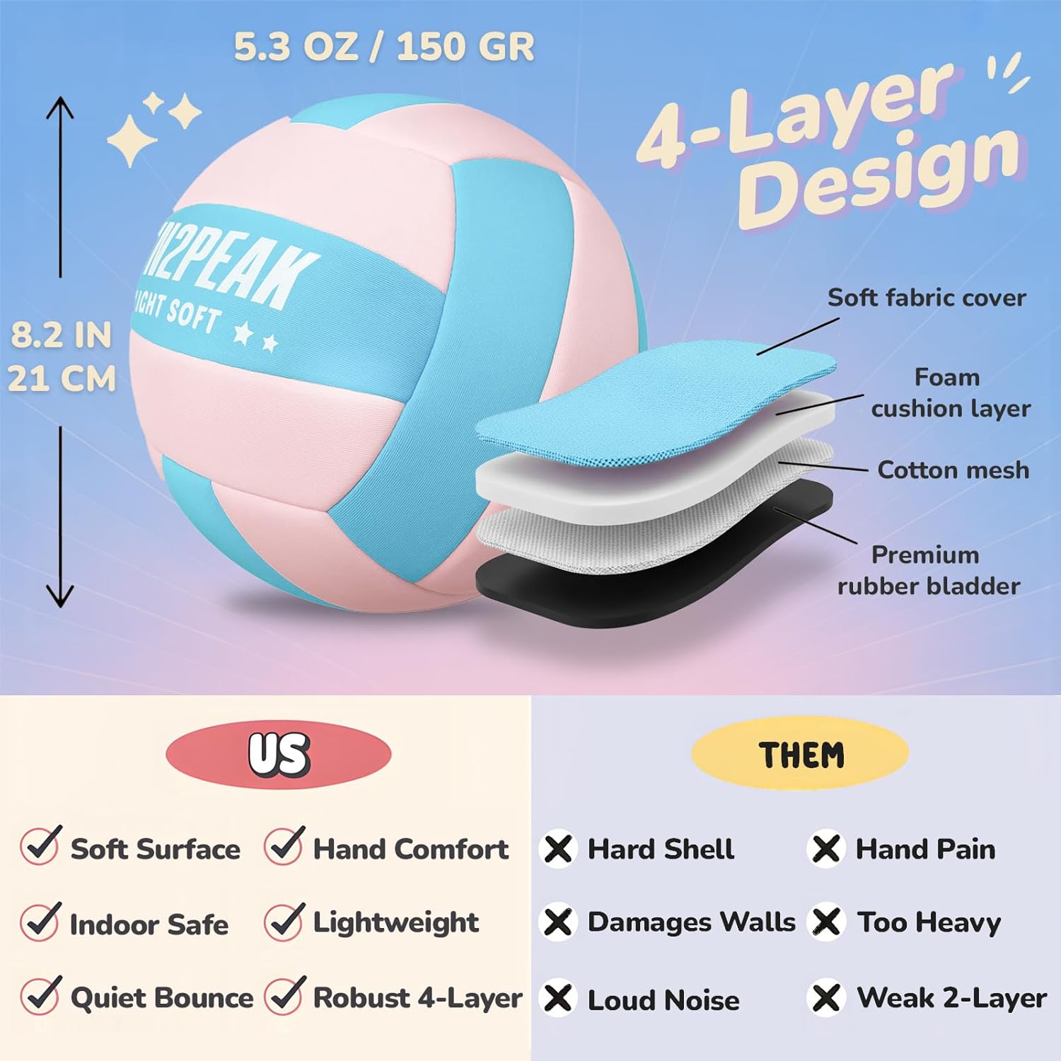RUN2PEAK Super Soft Light Volleyball - Safe and Quiet Fabric Volleyball Ball for Indoor Play - Official Size 5 Kids Youth Beginners Lightweight Volleyballs Trainer for House Yard Training Practice