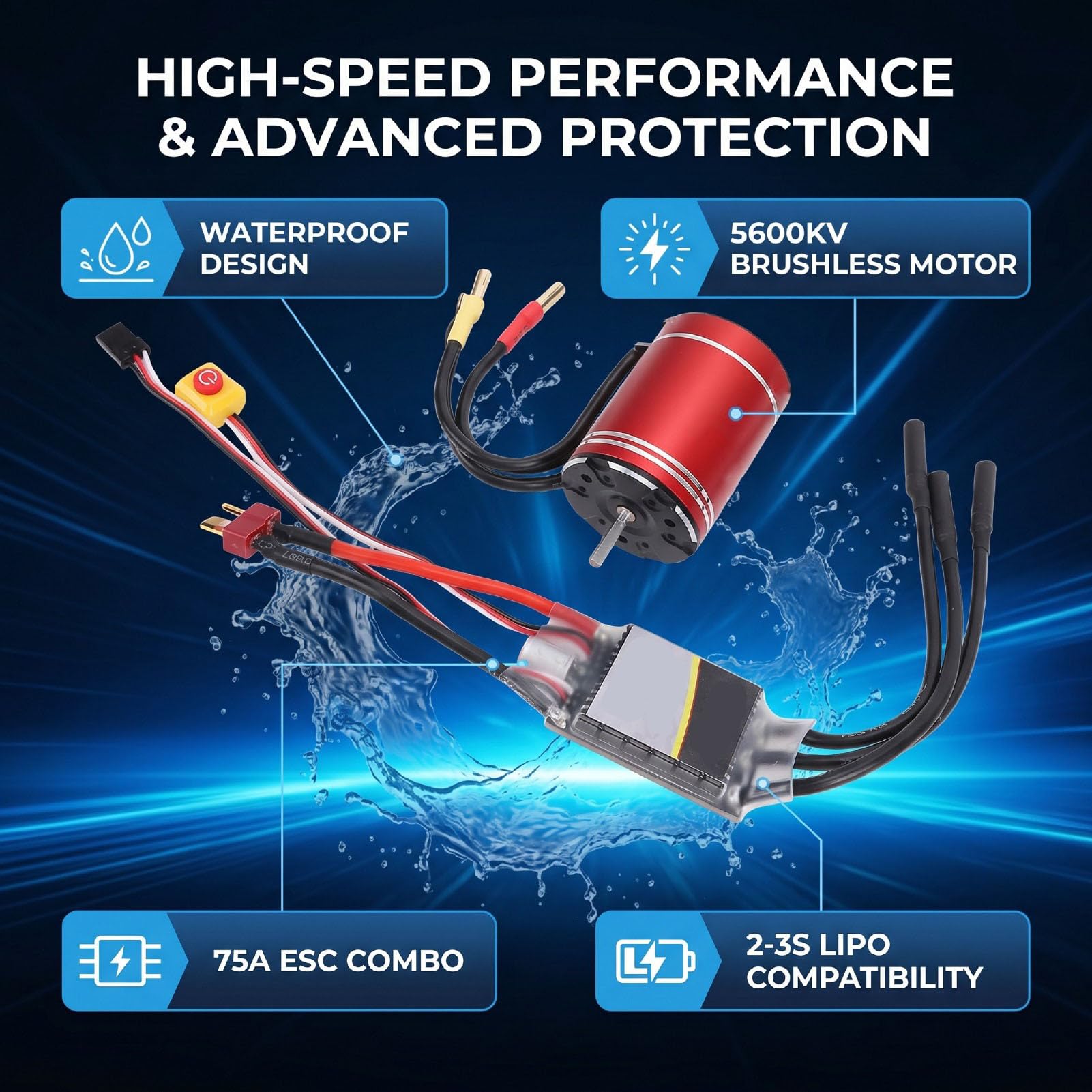 AMONIDA Juego ESC de Motor sin Escobillas de 5600KV con 75A para Coches Teledirigidos 1/10 1/8, Rendimiento Impermeable, Aleación de Cobre y Plástico