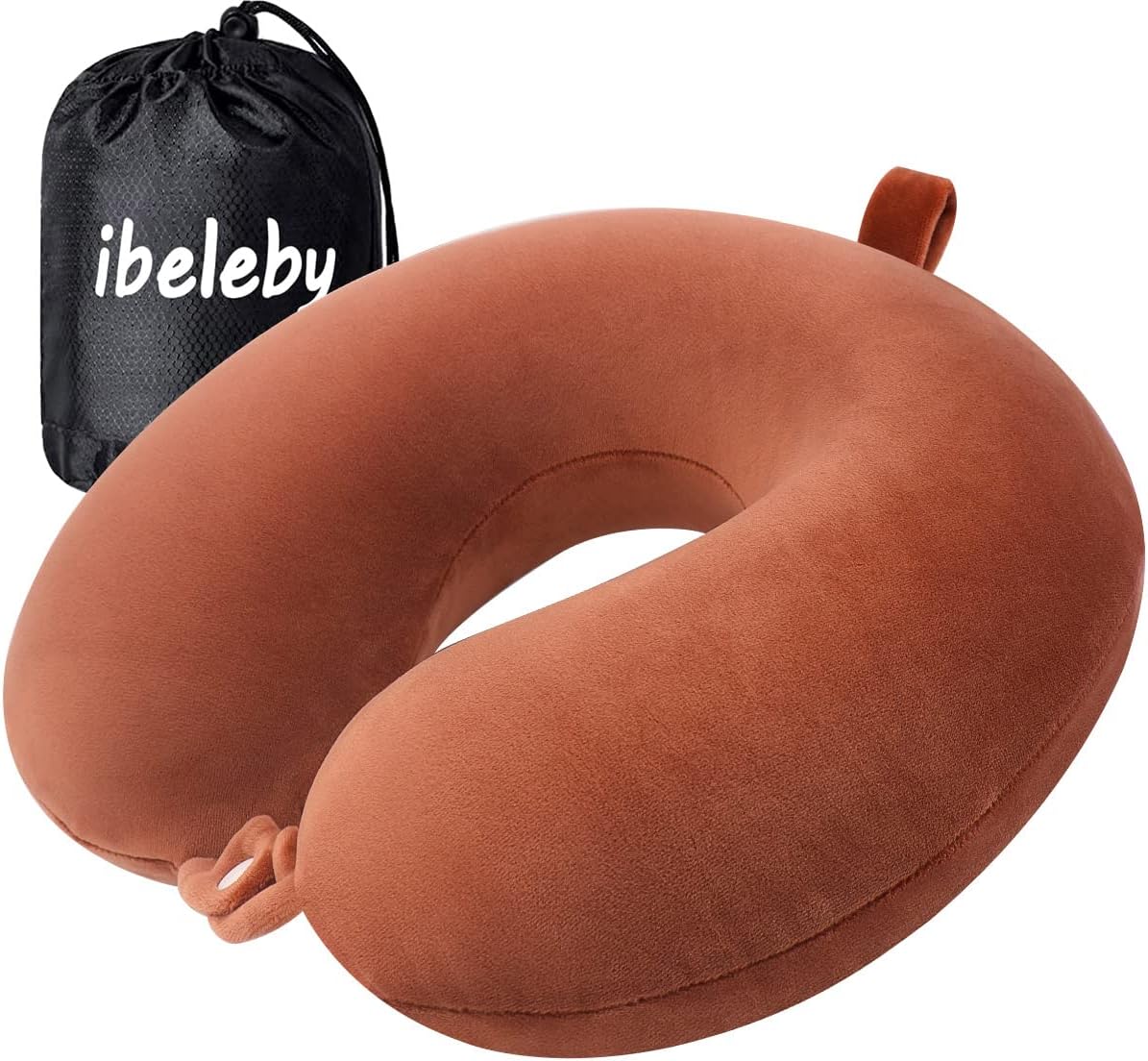 iBeleby Cuscino da Viaggio, Cuscino per il Collo da Viaggio, Memory Foam Puro al 100% Morbido Comfort e Supporto per Aereo/Auto, Ufficio e Riposo a Casa (Marrone)
