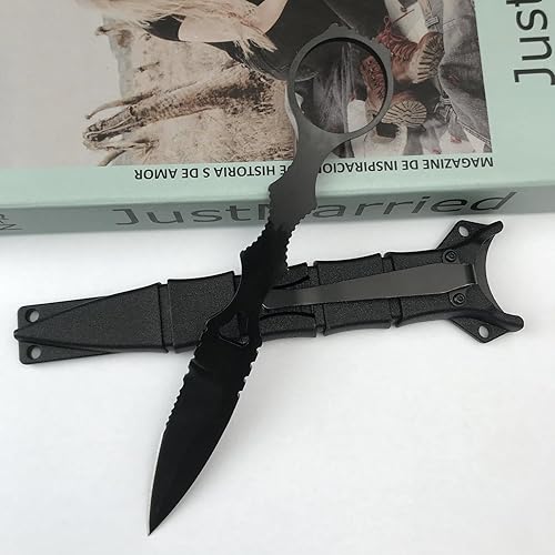 6.7" Socp Dagger Black Handle Cuchillo de arranque semidentado de hoja fija 440C, herramienta de caza con funda Kydex y clip de bolsillo