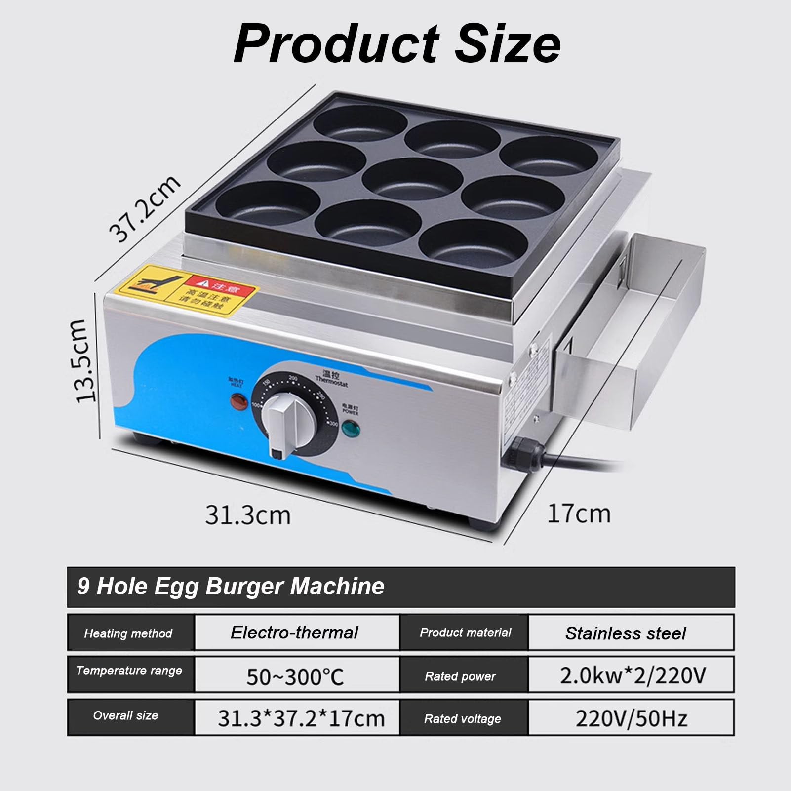 9-Cup Omelet Pan, Commercial Electric Heating Meat Hamburger Maker Griddle, 50-300? Safe Temperature Control Rapid Heating, Red Bean Cake Machine