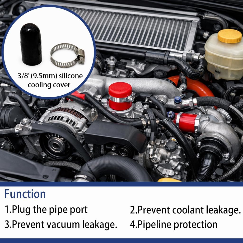 Silicone Coolant Cap 3/8 9.5mm Reinforced Hose End Cap with Clamp, Vacuum Port Plug for Water Bypass Turbo System, High Temperature Automotive Cooling Seal Kit