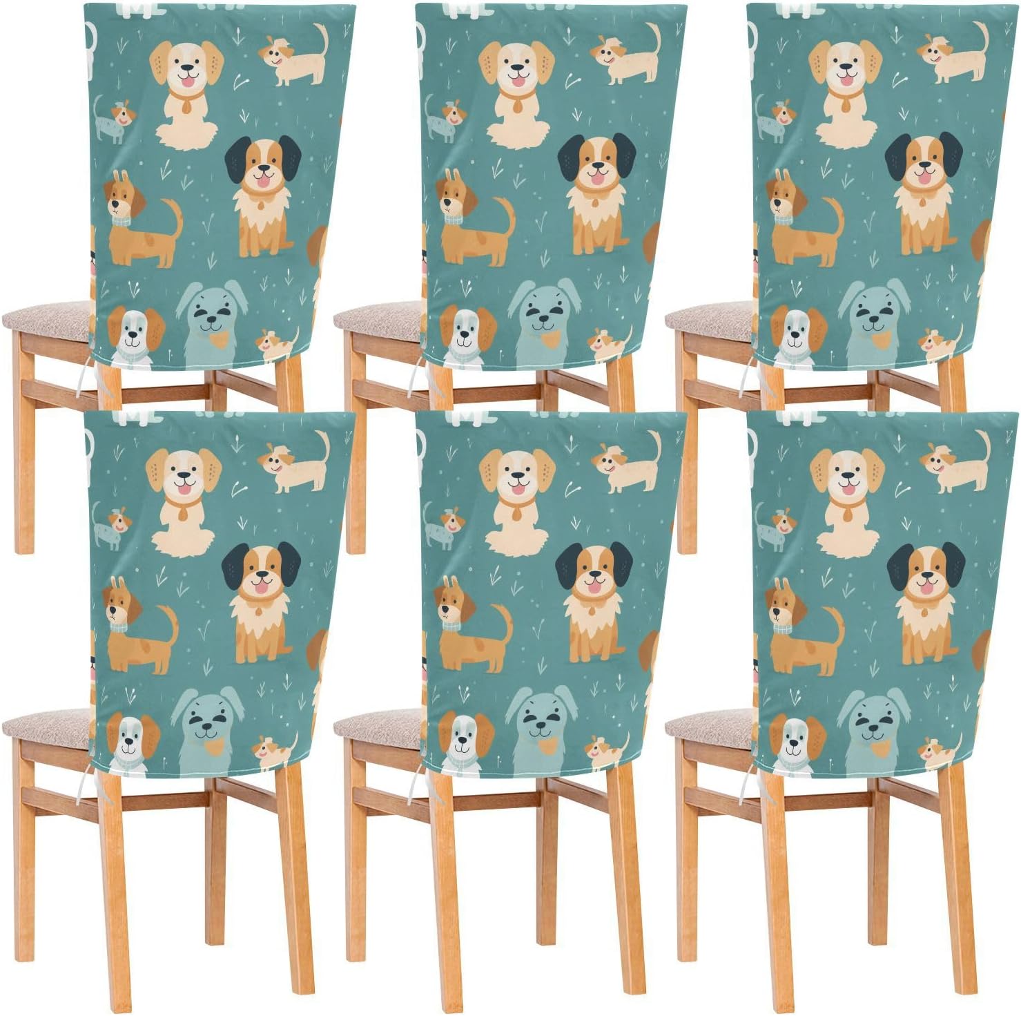 ALAZA Cute Puppy Dogs Chair Back Cover Set of 6, Washable Reusable Removable Chair Slipcovers Decorative Chair Cover for Home Kitchen Wedding Party