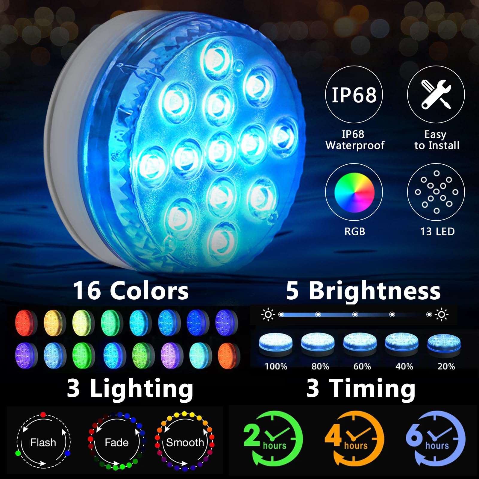 Amzeeniu Podwodne oświetlenie basenowe, 13 diod LED, wodoszczelne, RGB, różne kolory, z pilotem zdalnego sterowania, IP68, oświetlenie dekoracyjne do spa, wanny, akwarium, fontanny