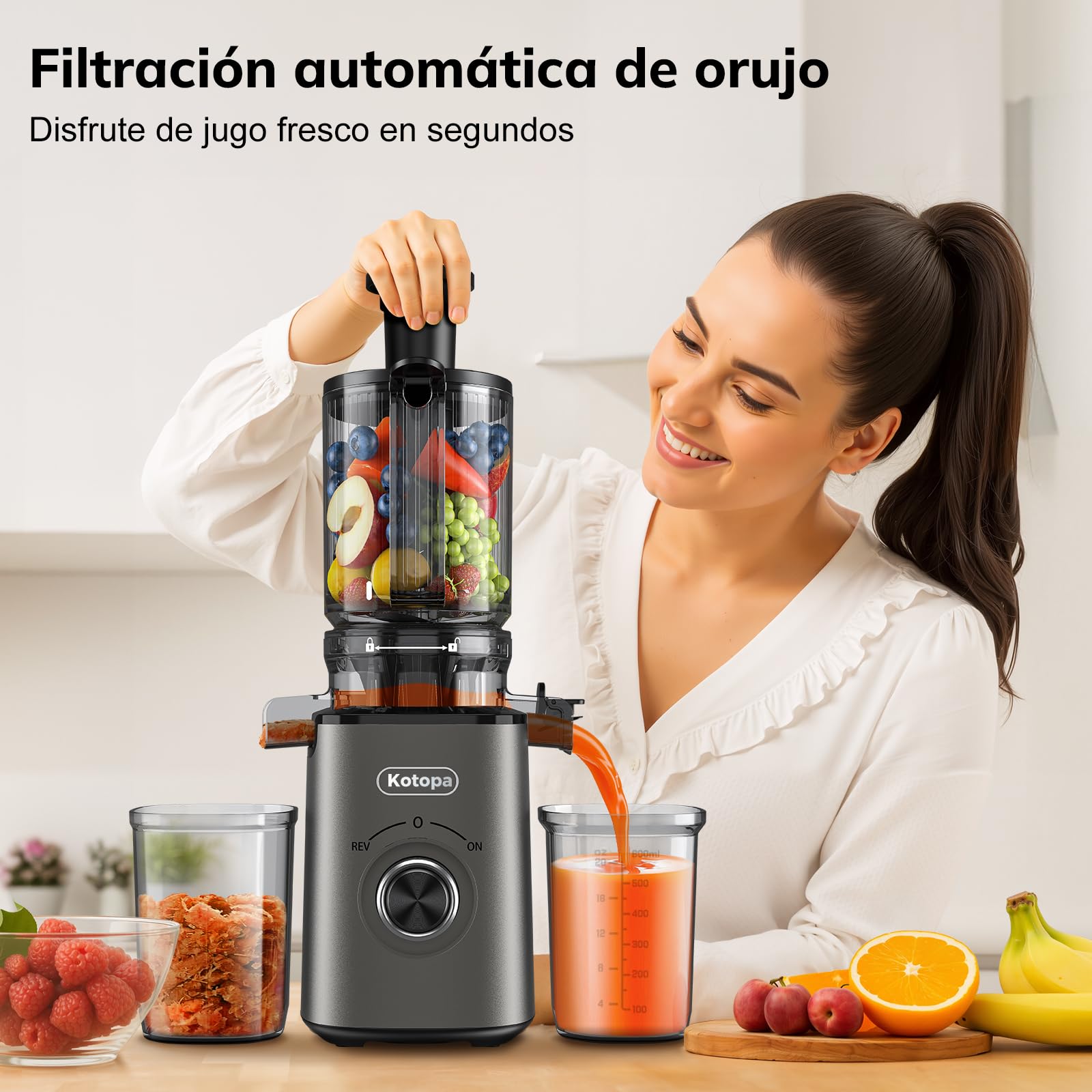 Kotopa Entsafter Gemüse und Obst Testsieger, Slow Juicer mit 120 MM XL-Einfüllschacht, 600 mL Saftbehälter, Elektrische Juicer Machine für Familien, Gesundheitsbewusste, Einfache Reinigung(Grau)