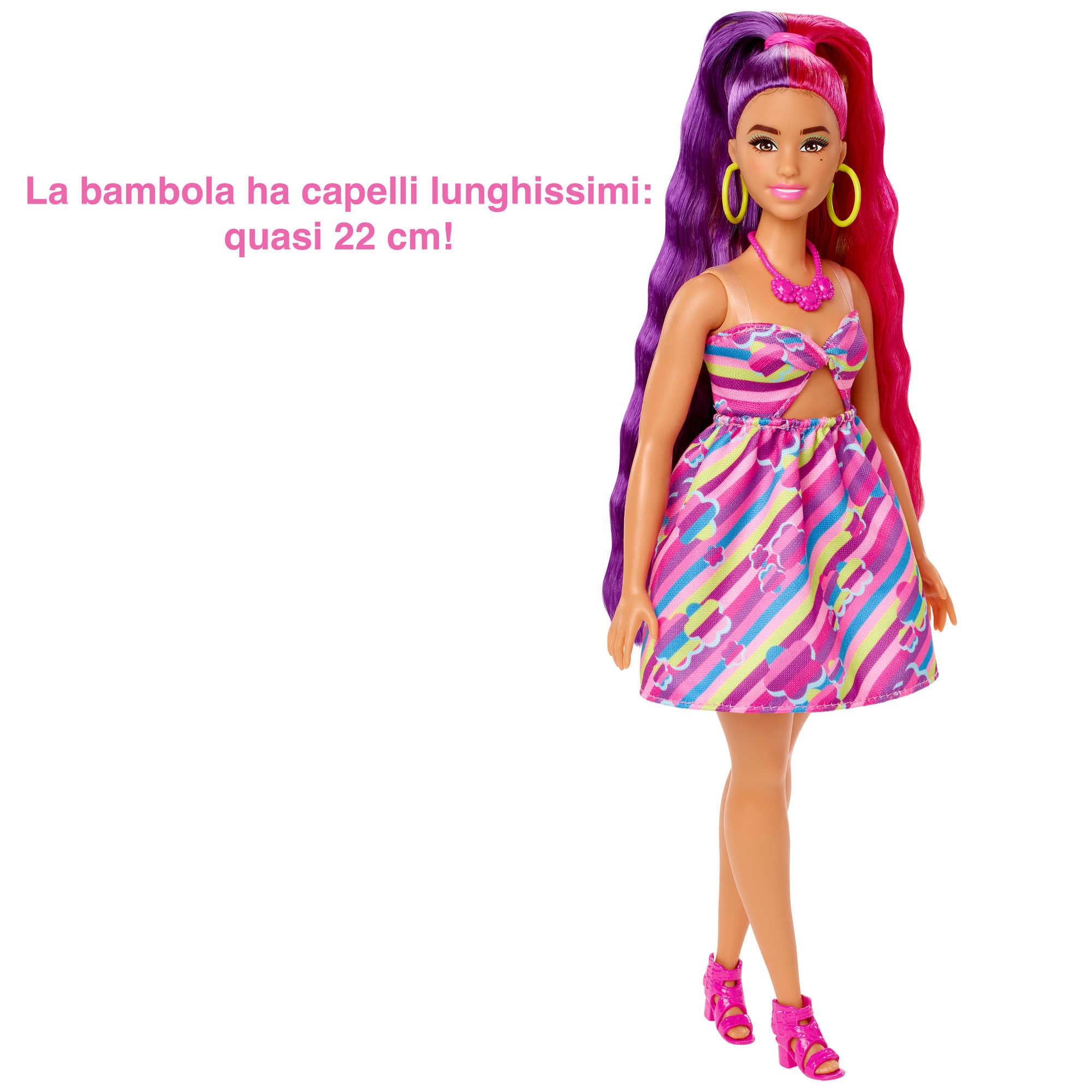 Barbie - Super Chioma Bambola Curvy con Abito a Fiori, Capelli Fantasia Lunghi 21,6 cm, 15 Accessori alla Moda - 8 con Effetto Cambia Colore, Giocattolo per Bambini 3+ Anni, HCM89
