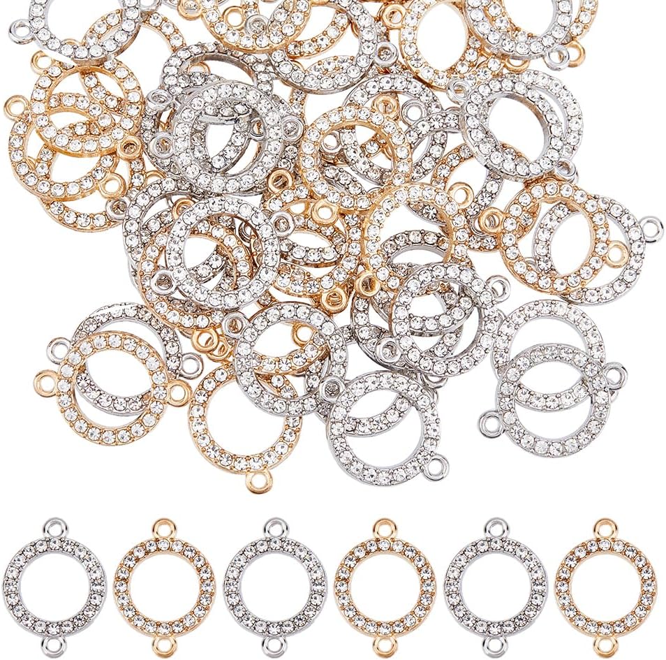 60pcs 14k Gold Connectors Charm Alloy Connector Charm 0.9 Inch Flat Round Link Charm Crystal Rhinestone Connector with Double Loops for Bracelet Earring Jewellery Making