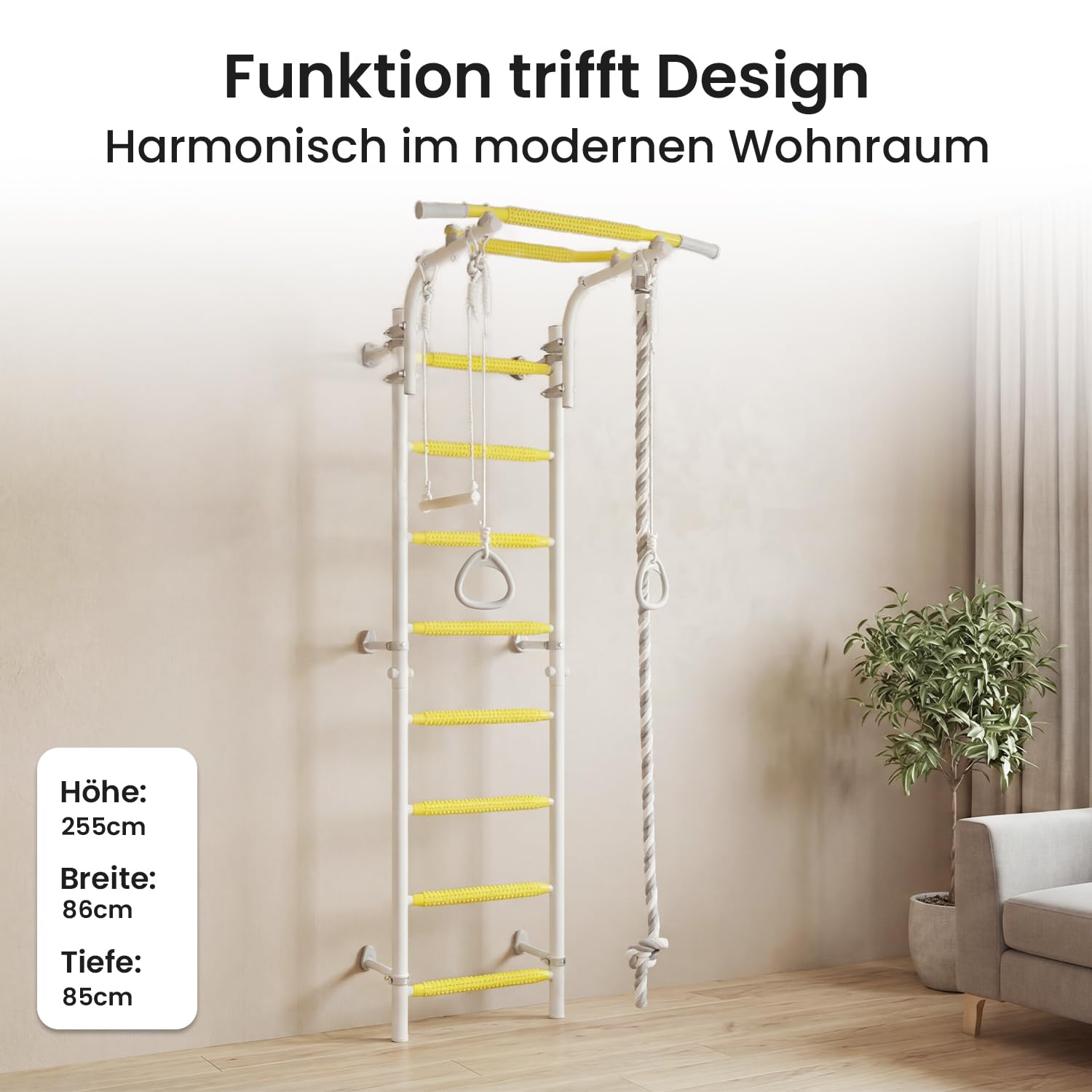 JEFLEX - weiß/gelbe Kinder Sprossenwand mit Verstellbarer Klimmzugstange/Robuste Fitness-Station fürs Kinderzimmer/Einfache & vielseitige Montage/inkl. tollem Kletterwand-Zubehör