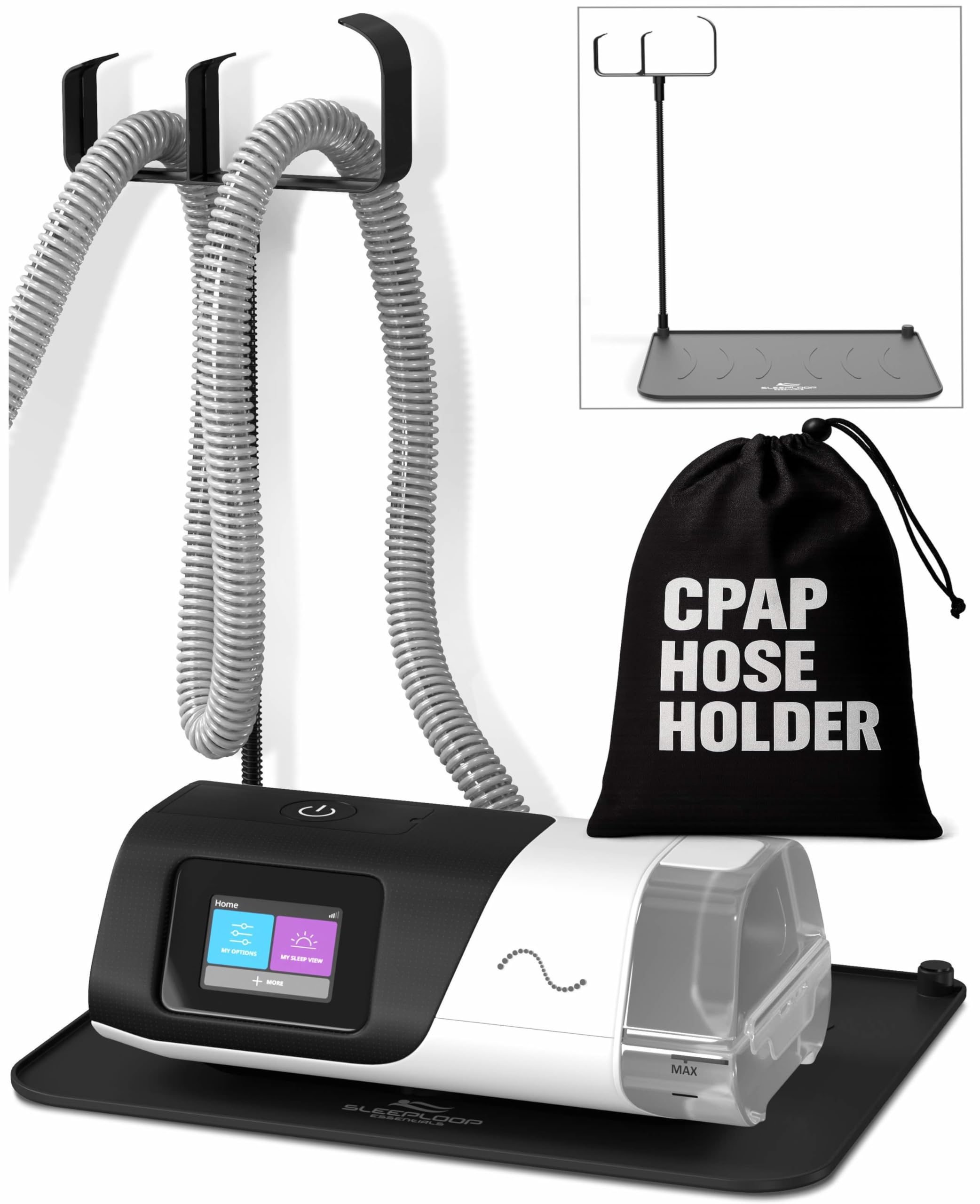 Mask and Tube Hanger Mat for CPAP - Supplies for CPAP for Bedside Organization with Clean Mask Dust Cover - CPAP Hose Holder for Nightstand (Black 2.1 T-Style Hook)