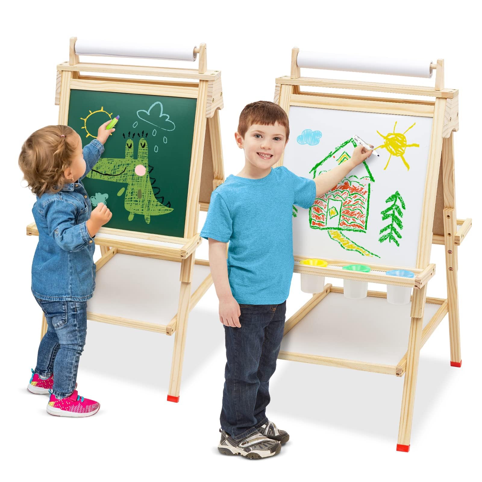 Lavagna per Bambini 3 in 1 Cavalletto in Legno Pittura in Regolabile Altezza, Lavagna Doppia Faccia, Lavagnas Multiattività con Rotolo di Carta, Numeri e Altri Accessori, Giocattolo Educativo 3+ Anni