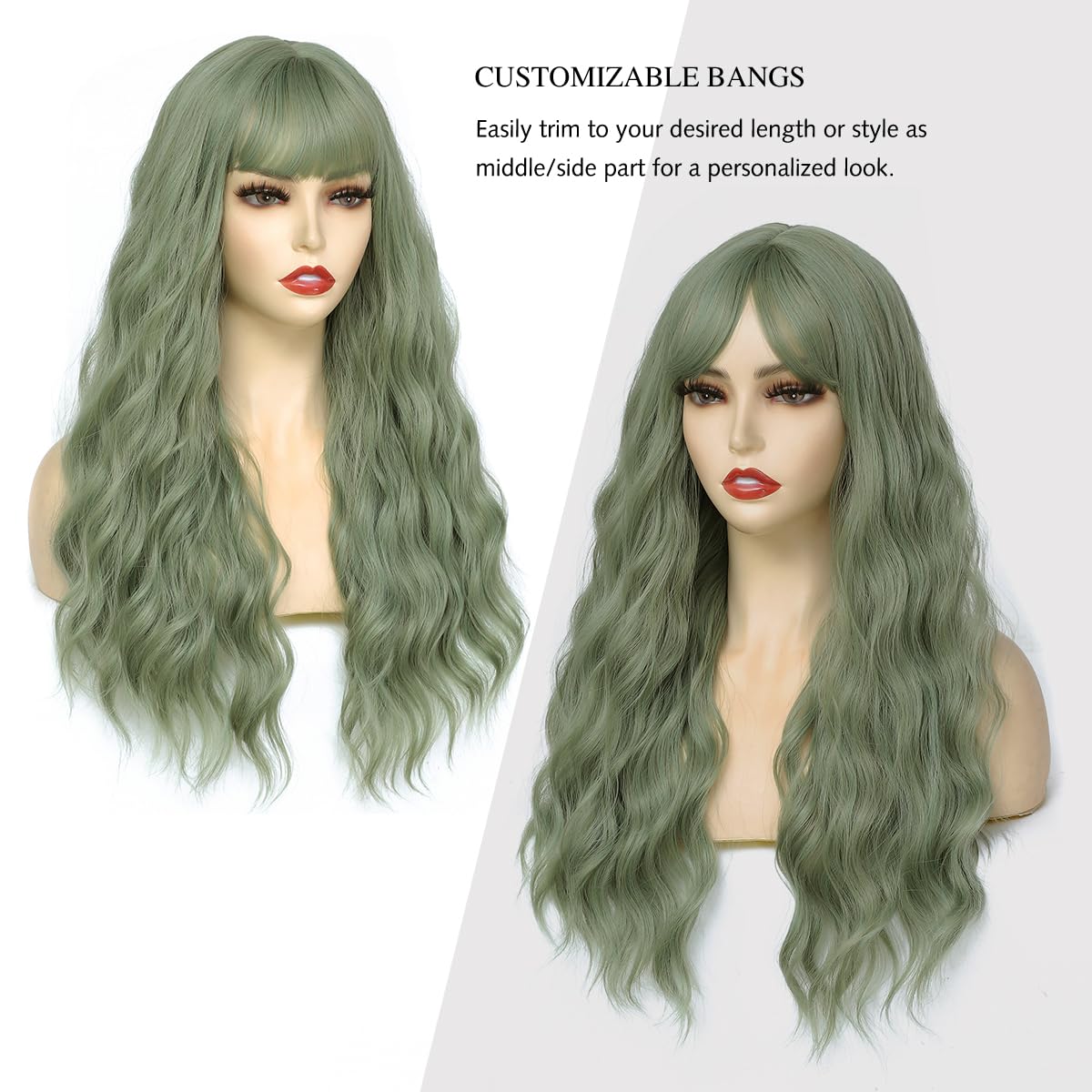 Yamel Long Wigs for Women with Fringe 24 inch Adjustable Curly Wavy Synthetic Hair Wig Cosplay Daily Use Haze Green Wigs - Image 2