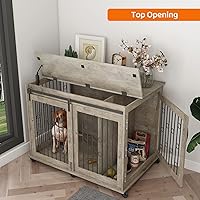 Vista 3 de IchbinGo Mueble de jaula grande para perros con puerta corrediza de granero, mesa auxiliar de madera de 43.7 pulgadas con ruedas y placa abatible