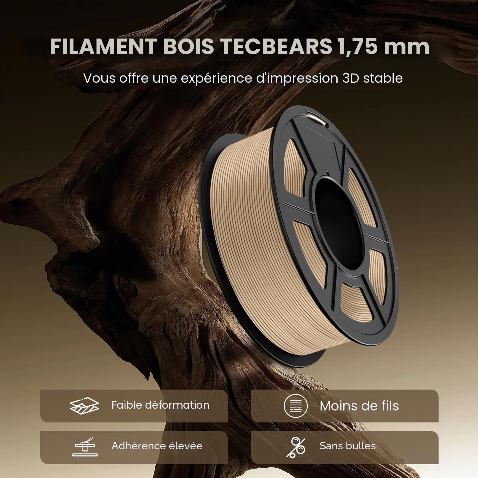 TECBEARS Filament Bois PLA 1.75mm 1KG, Wood Filament Contient 15% de Fibre de Bois, Surface Mate Avec Odeur de Bois, PréCision Dimensionnelle +/- 0.03mm, Bobine de 1000g